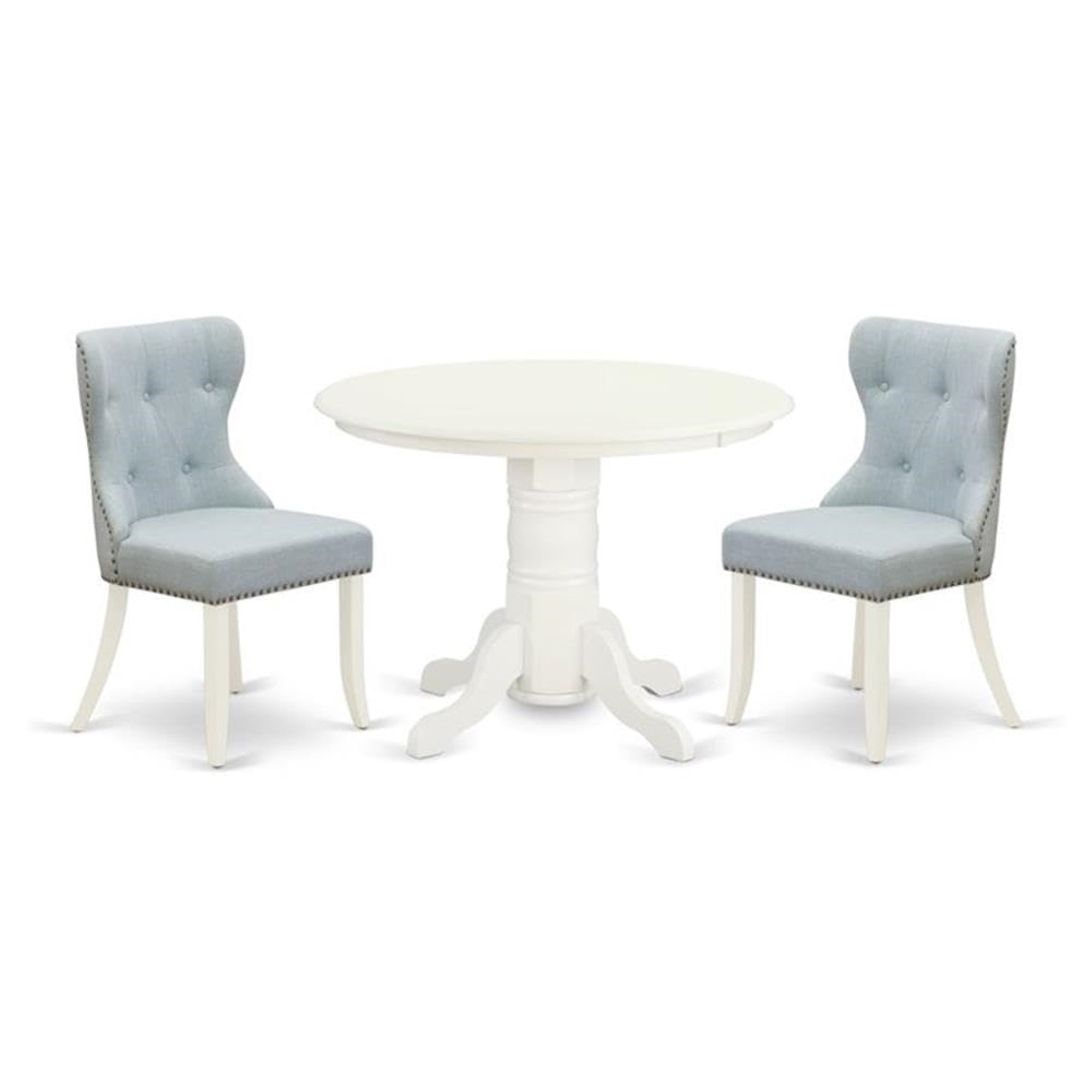 Casafoyer Shsi3-Whi-15 3 Piece Dining Room Table Set Contains A Round Wooden Table With Pedestal And 2 Baby Blue Linen Fabric Upholstered Chairs, 42X42 Inch, Linen White