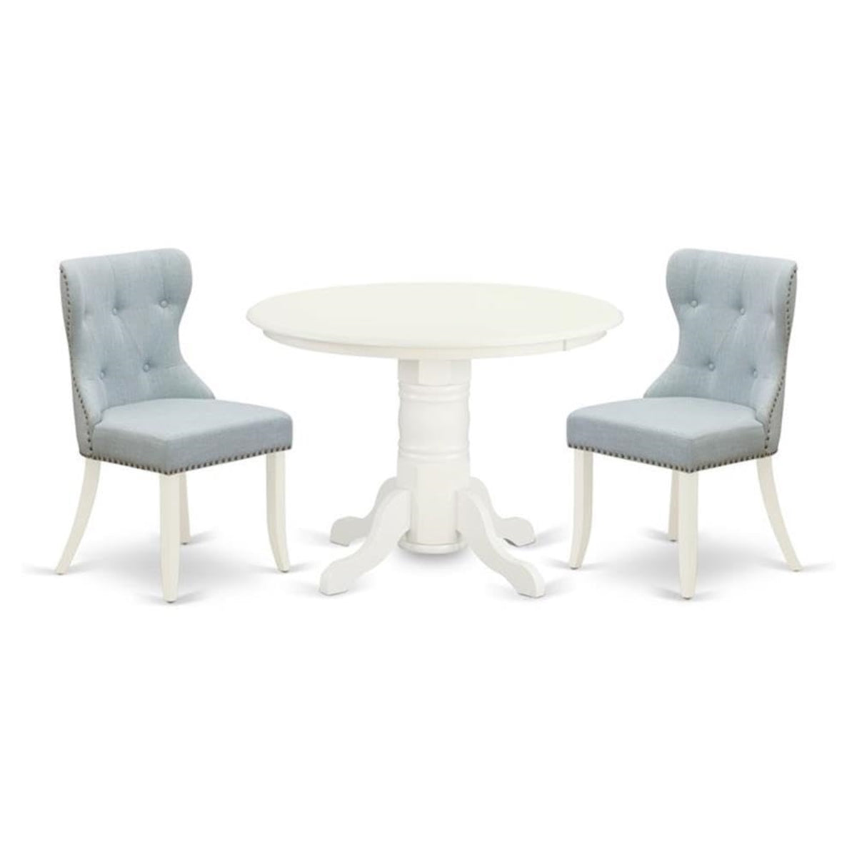 Casafoyer Shsi3-Whi-15 3 Piece Dining Room Table Set Contains A Round Wooden Table With Pedestal And 2 Baby Blue Linen Fabric Upholstered Chairs, 42X42 Inch, Linen White