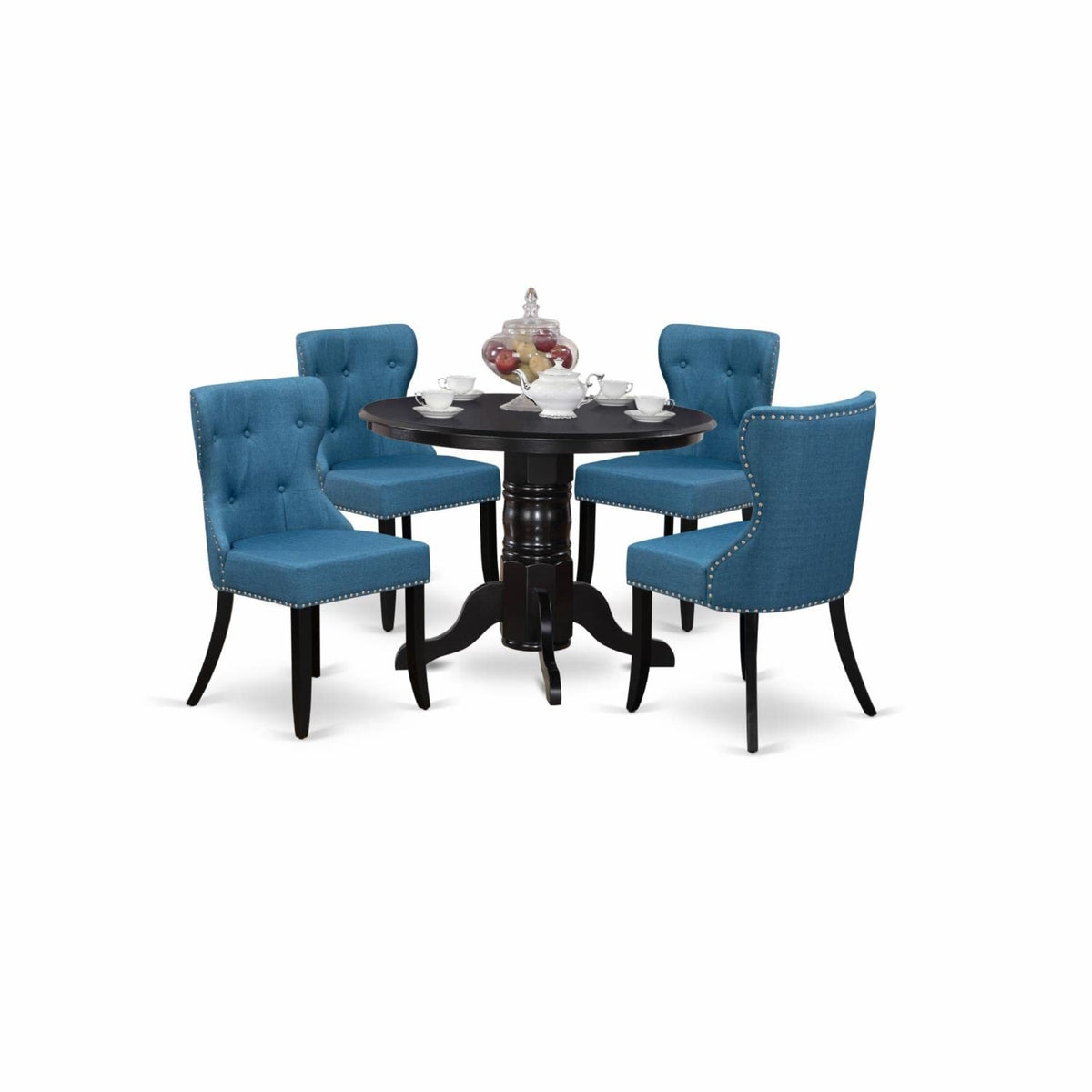 Casafoyer Shsi5-Blk-21 5 Piece Dining Table Set For 4 Includes A Round Kitchen Table With Pedestal And 4 Blue Linen Fabric Parsons Dining Chairs, 42X42 Inch, Black