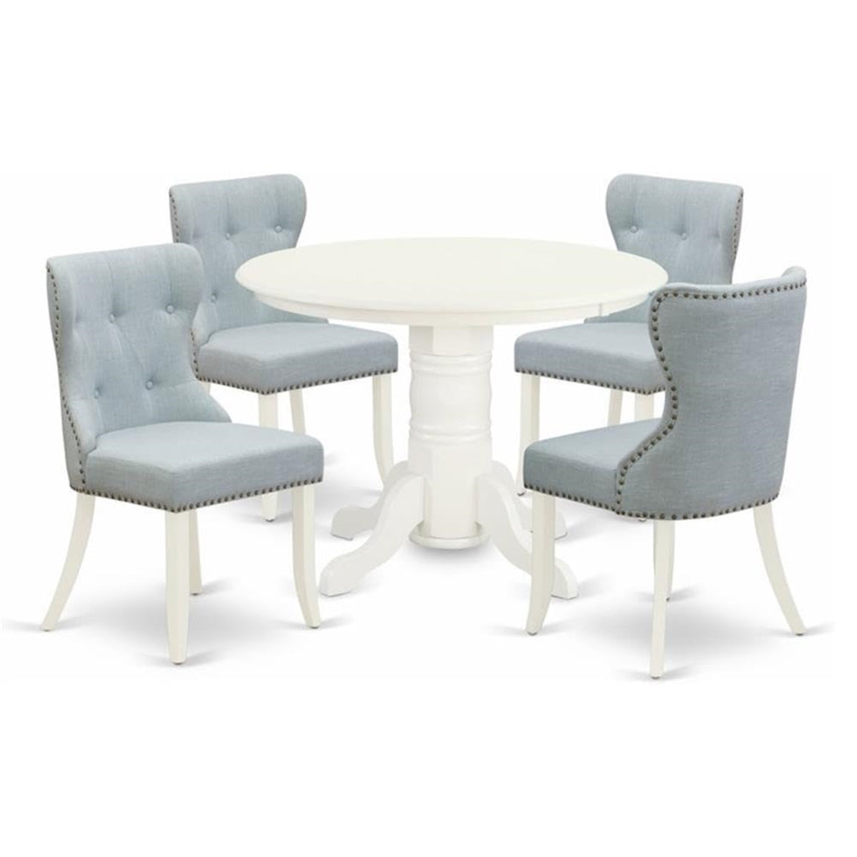 Casafoyer Shsi5-Whi-15 5 Piece Dining Table Set For 4 Includes A Round Kitchen Table With Pedestal And 4 Baby Blue Linen Fabric Parson Dining Chairs, 42X42 Inch, Linen White