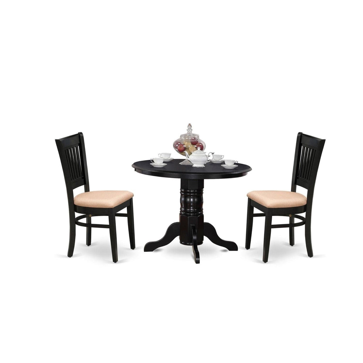 Casafoyer Shva3-Blk-C 3 Piece Kitchen Table Set For Small Spaces Contains A Round Dining Table With Pedestal And 2 Linen Fabric Dining Room Chairs, 42X42 Inch, Black
