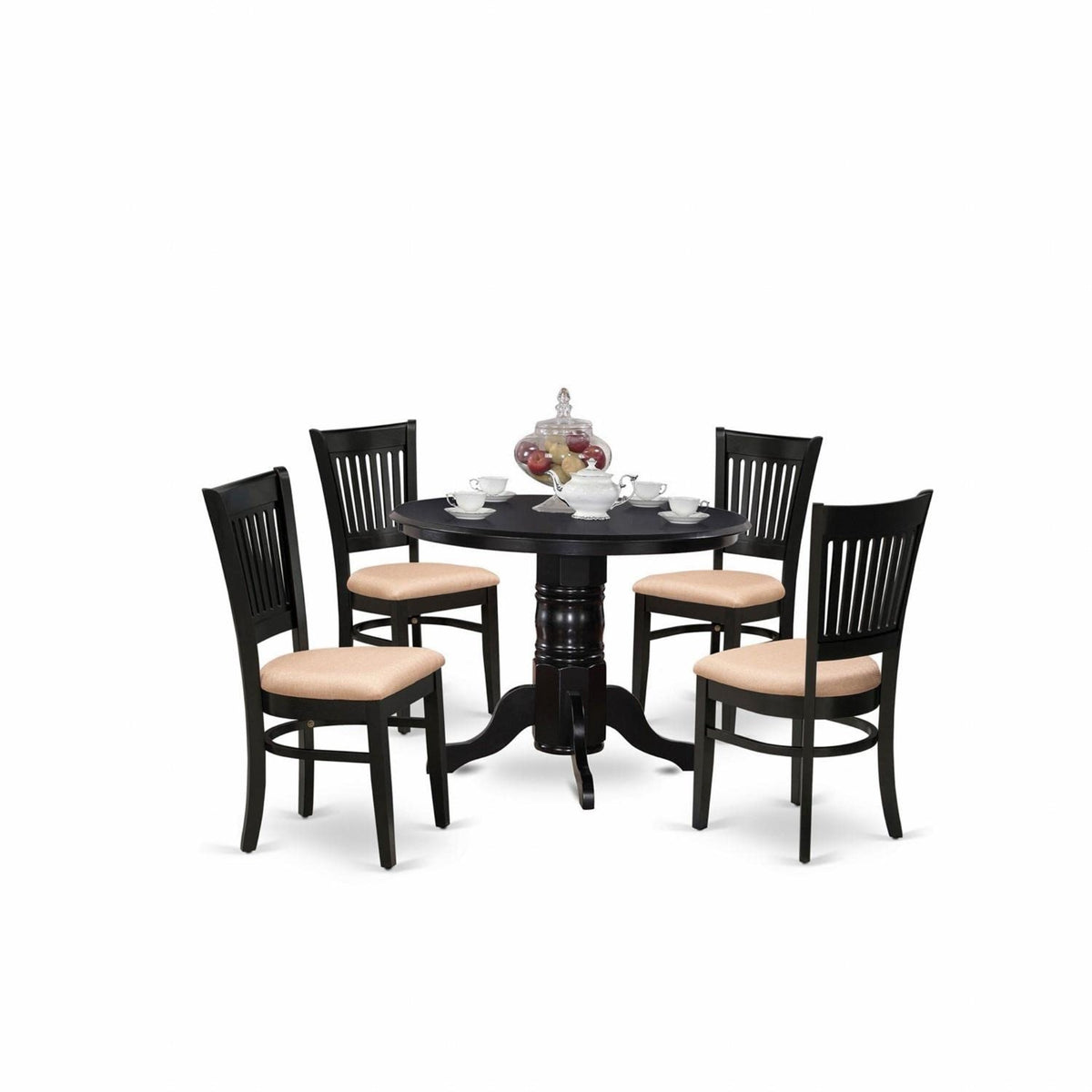 Casafoyer Shva5-Blk-C 5 Piece Modern Dining Table Set Includes A Round Kitchen Table With Pedestal And 4 Linen Fabric Upholstered Dining Chairs, 42X42 Inch, Black