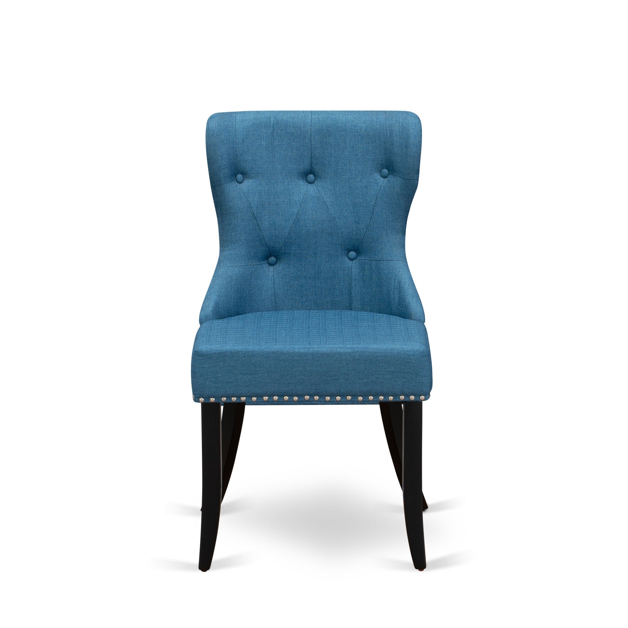 East West Furniture 2 Mid Century Dining Chairs- Dinner Chairs Includes Black Wood Structure With Blue Linen Fabric Seat With Nail Head And Button Tufted Back