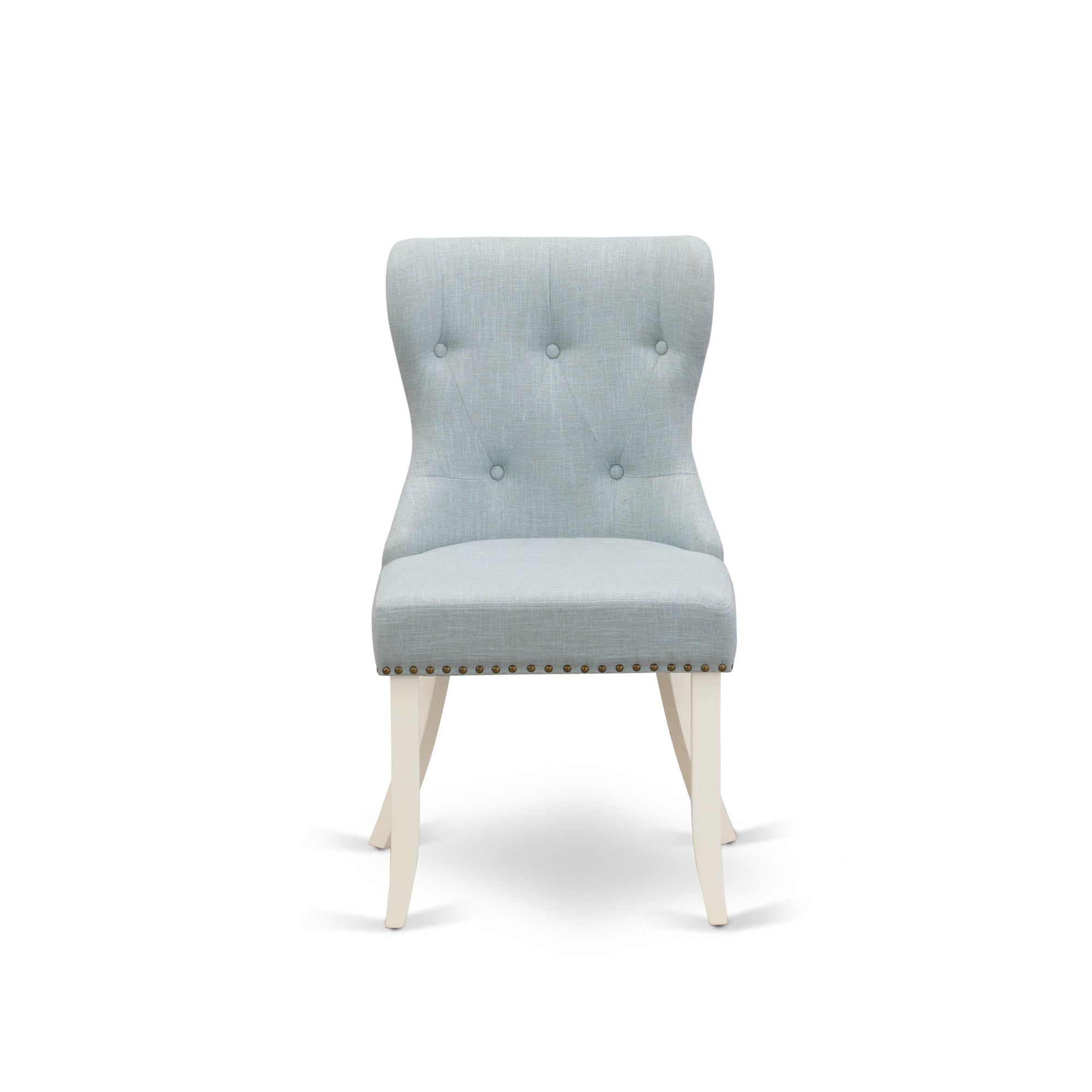 East West Furniture 2 Parson Chairs- Dining Room Chair Includes Linen White Solid Wood Structure With Baby Blue Linen Fabric Seat With Nail Head And Button Tufted Back