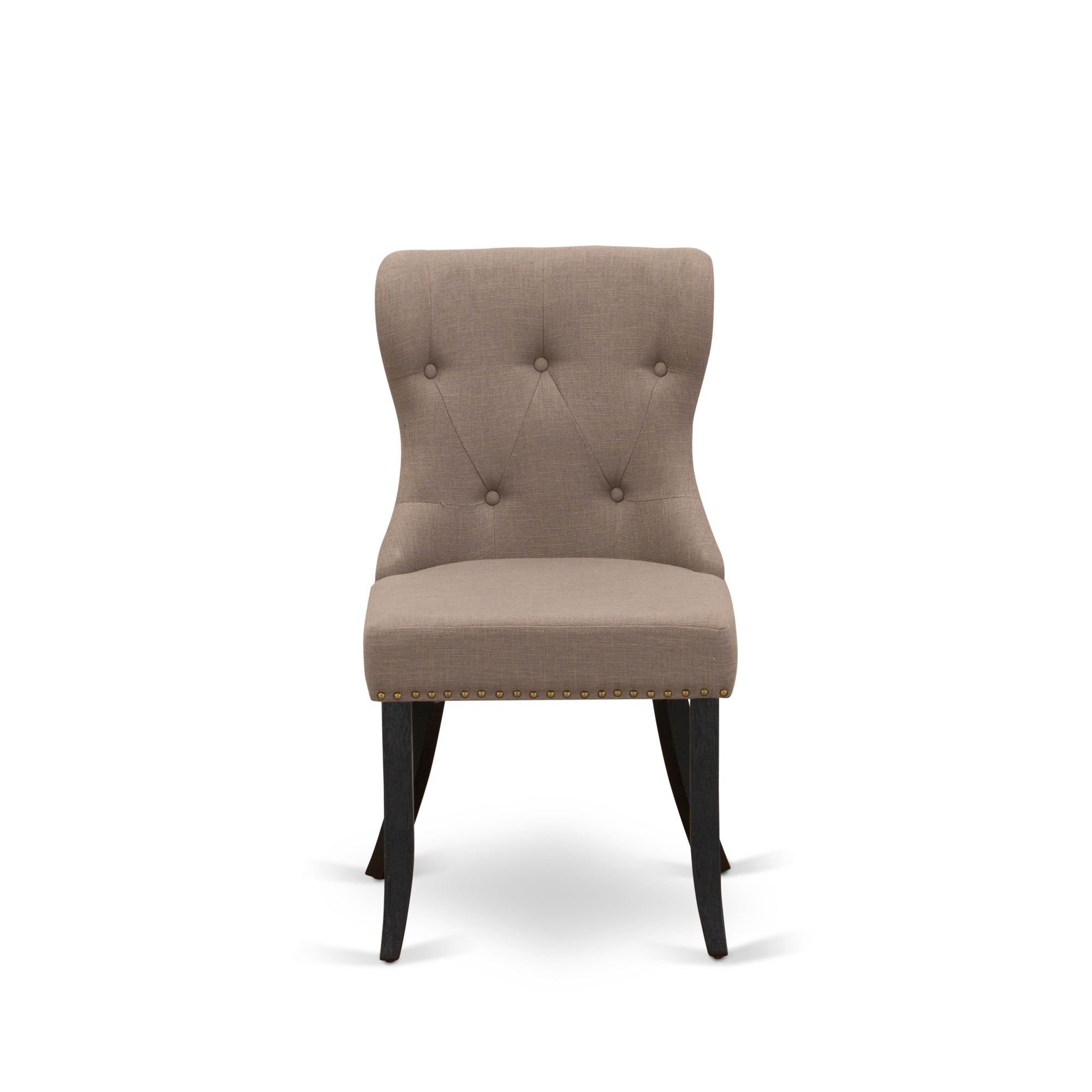 East West Furniture 2 Dining Room Chair- Upholstered Dining Chairs Includes Wirebrushed Black Wooden Frame With Coffee Linen Fabric Seat With Nail Head And Button Tufted Back