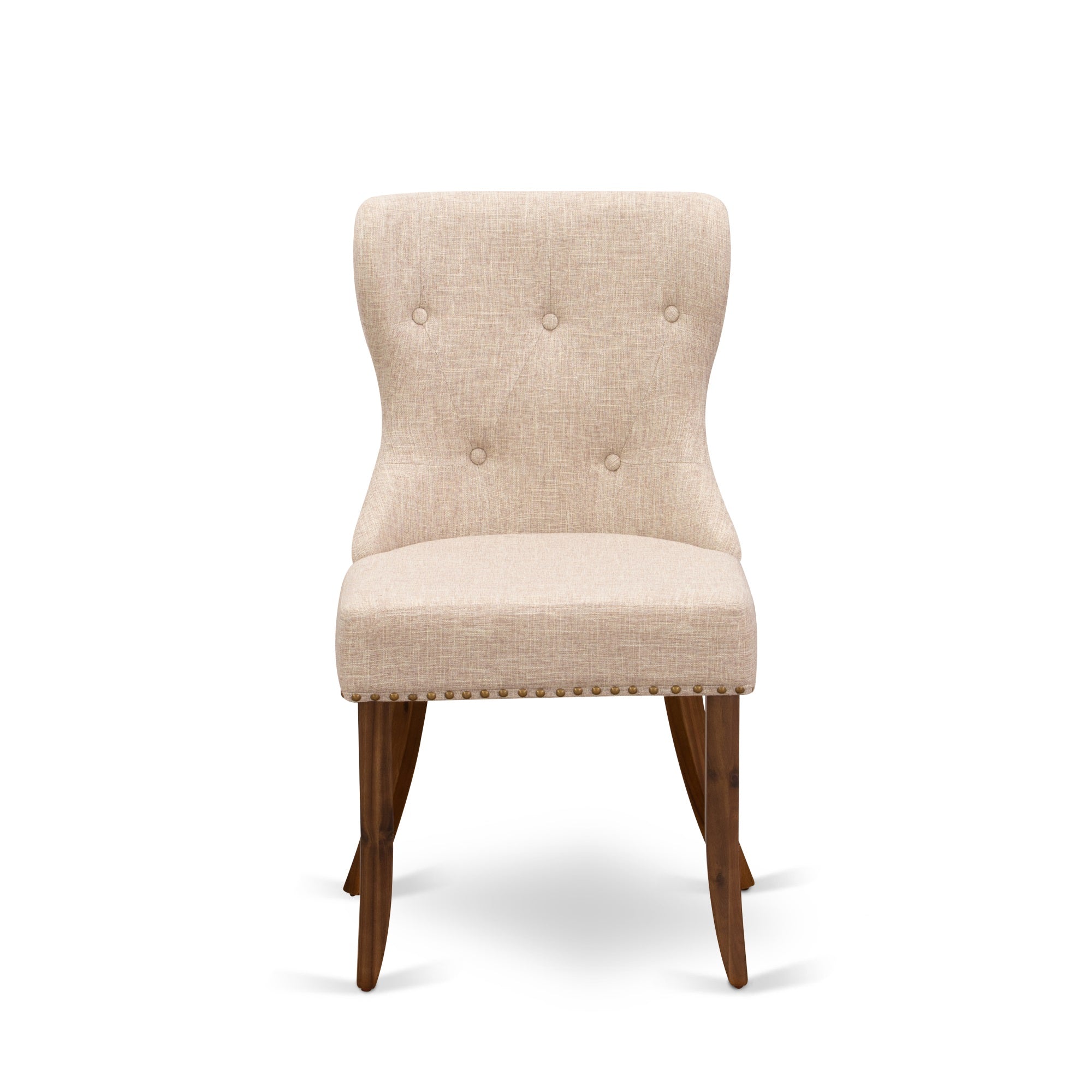 East West Furniture 2 Wood Chairs- Upholstered Dining Chairs Includes Antique Walnut Hardwood Frame With Light Tan Linen Fabric Seat With Nail Head And Button Tufted Back
