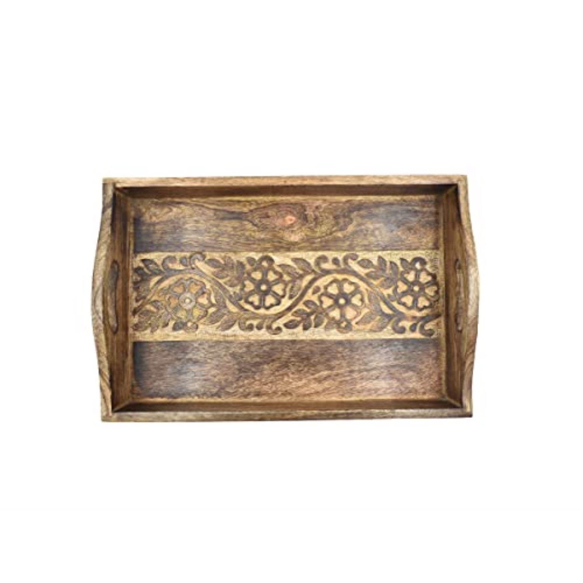 STORE INDYA Hand Carved Wooden Breakfast Serving Tray with Handle for Breakfast Tea Snack Dessert | Kitchen Dining Serve-Ware Accessories | 15 x 10 Inches