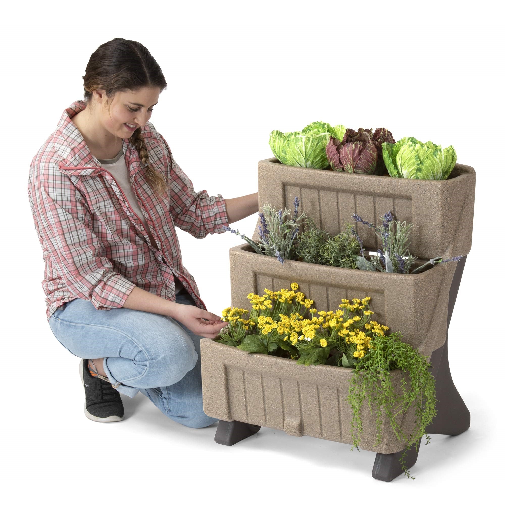 Simplay3 American Home 3-Level Multi Tiered Planter - Larger Planter Boxes For Indoor And Outdoor Garden Beds, Natural Stone Color, Made In Usa