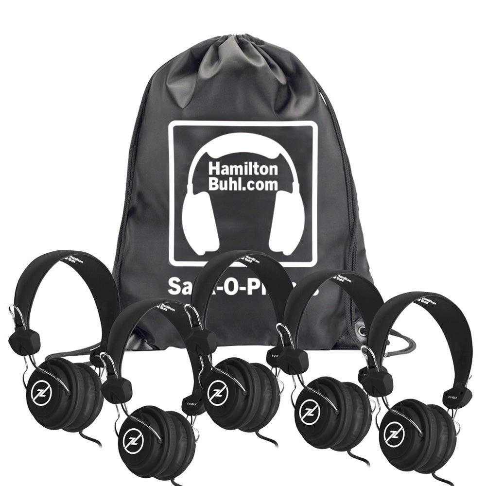 Hamiltonbuhl Sack-O-Phones, 5 Black Favoritzheadsets With In-Line Microphone And Trrs Plug