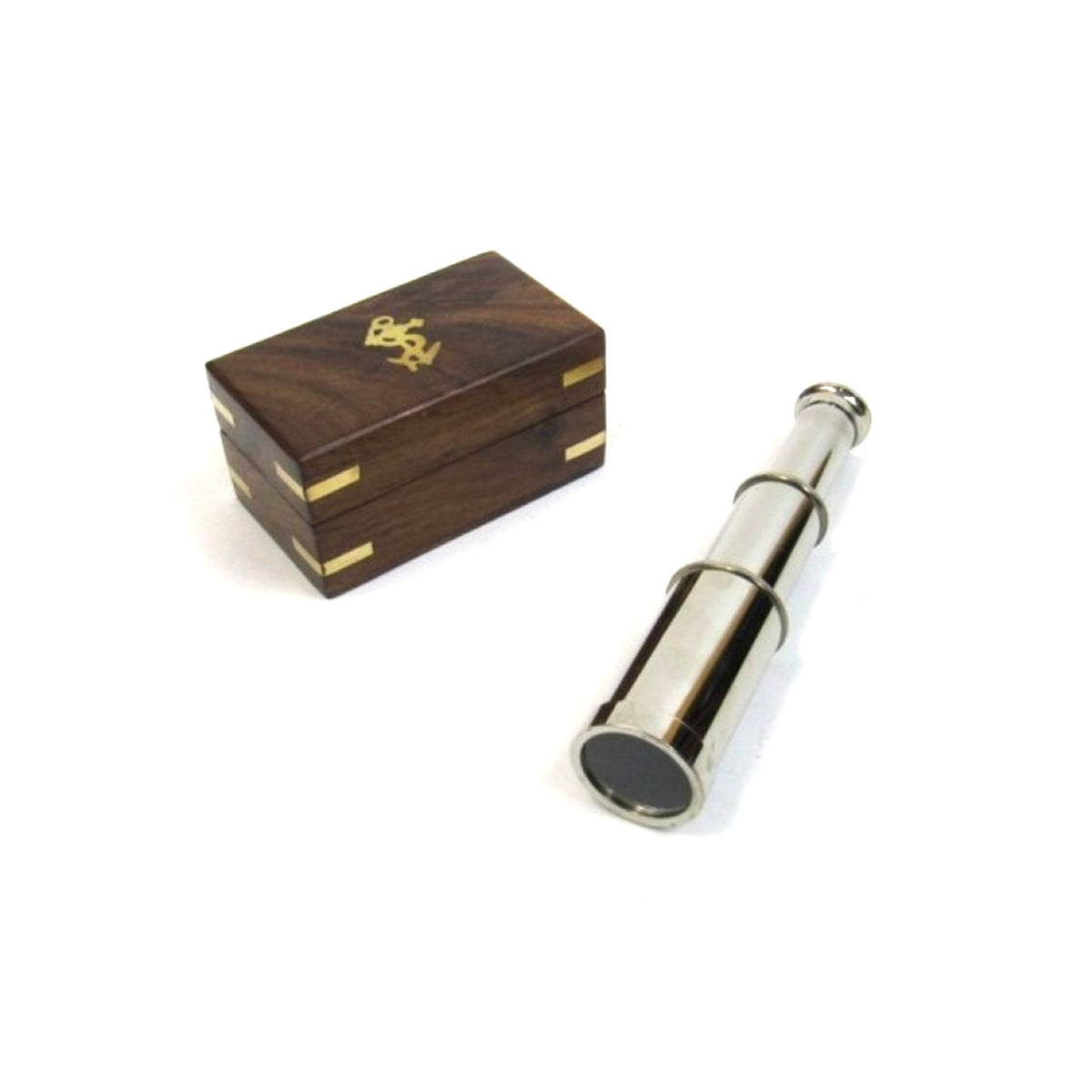 Brass & Chrome Pullout Telescope 6.25 W/ Wooden Box