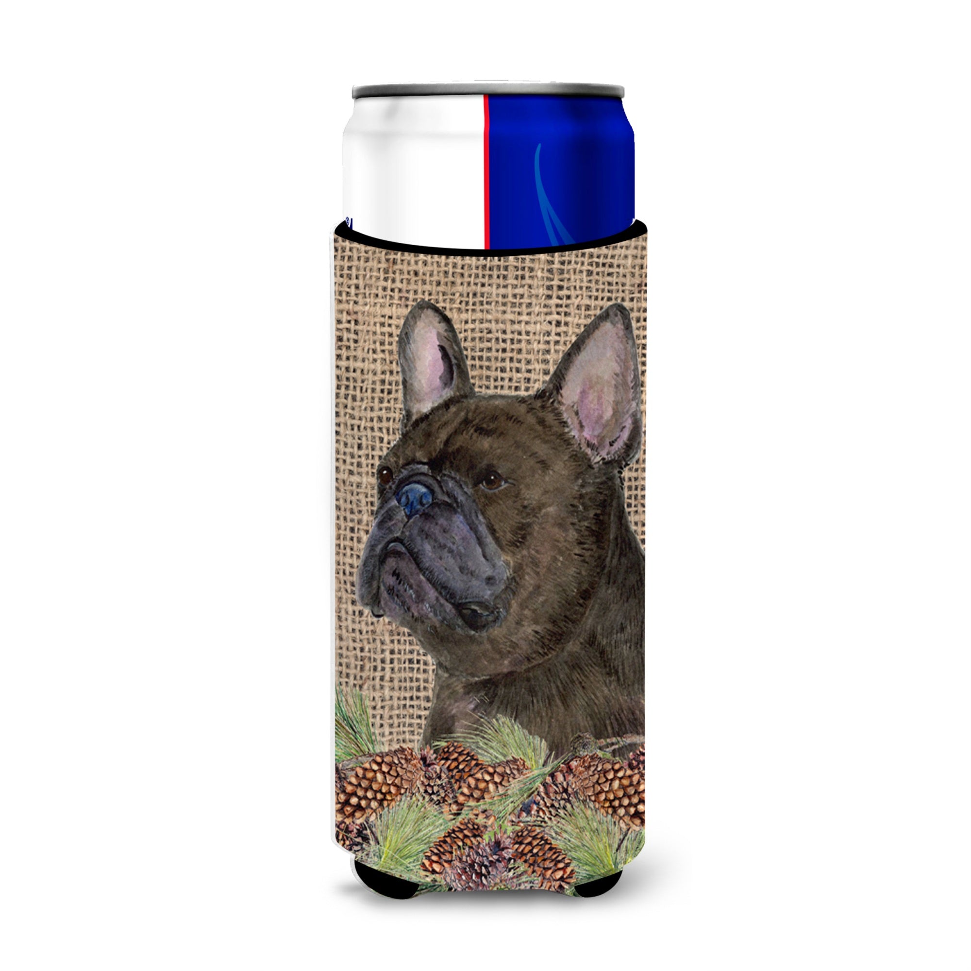 French Bulldog On Faux Burlap With Pine Cones Ultra Beverage Insulators For Slim Cans Ss4063Muk