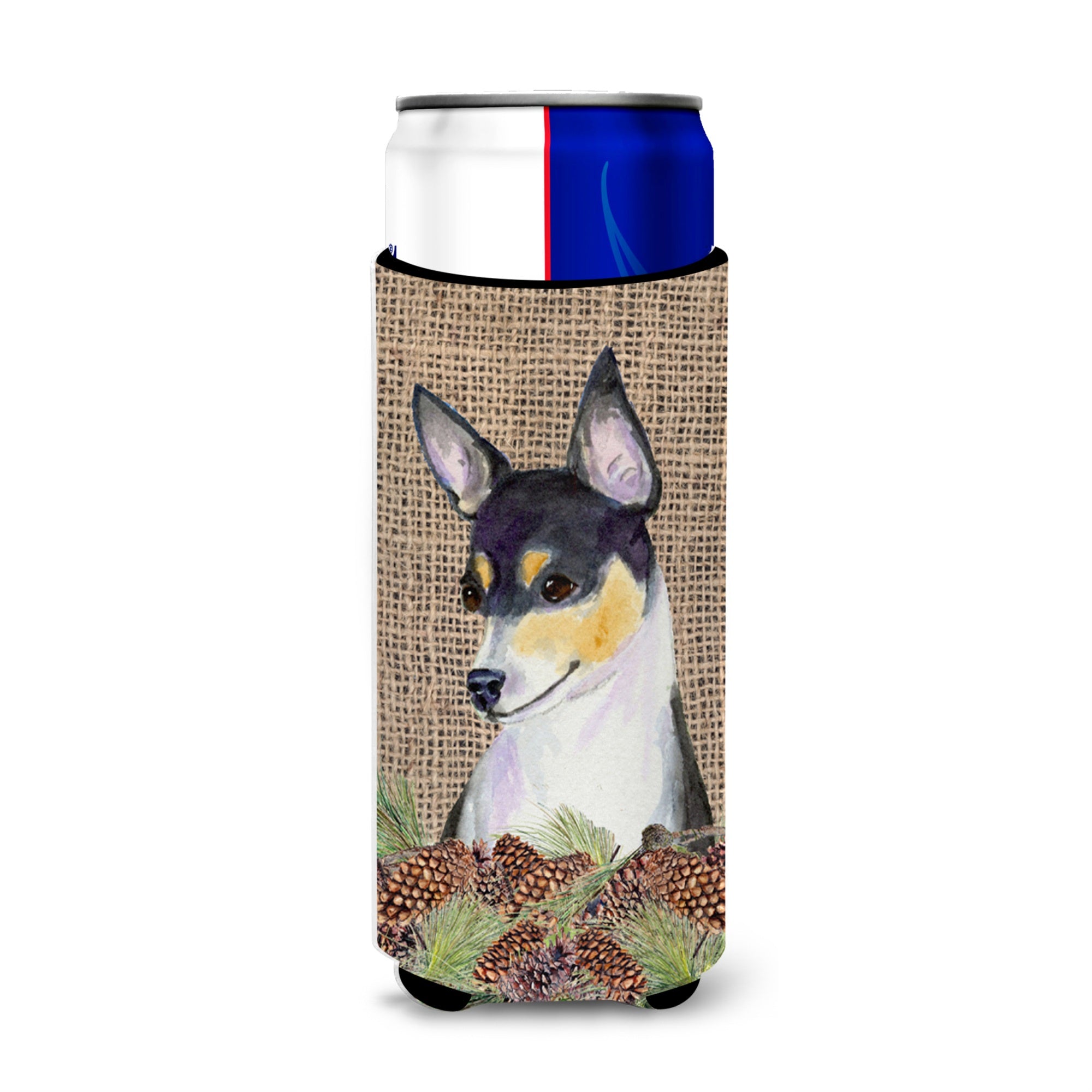 Fox Terrier On Faux Burlap With Pine Cones Ultra Beverage Insulators For Slim Cans Ss4064Muk