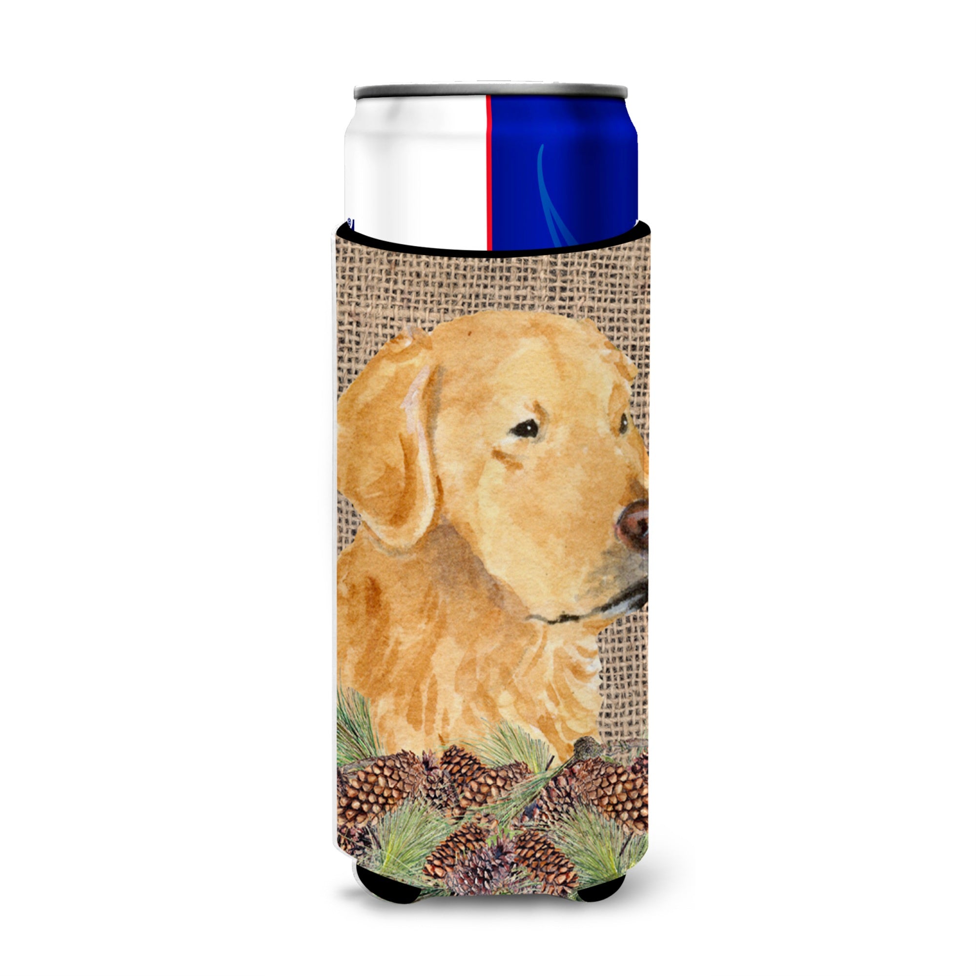 Golden Retriever On Faux Burlap With Pine Cones Ultra Beverage Insulators For Slim Cans Ss4067Muk