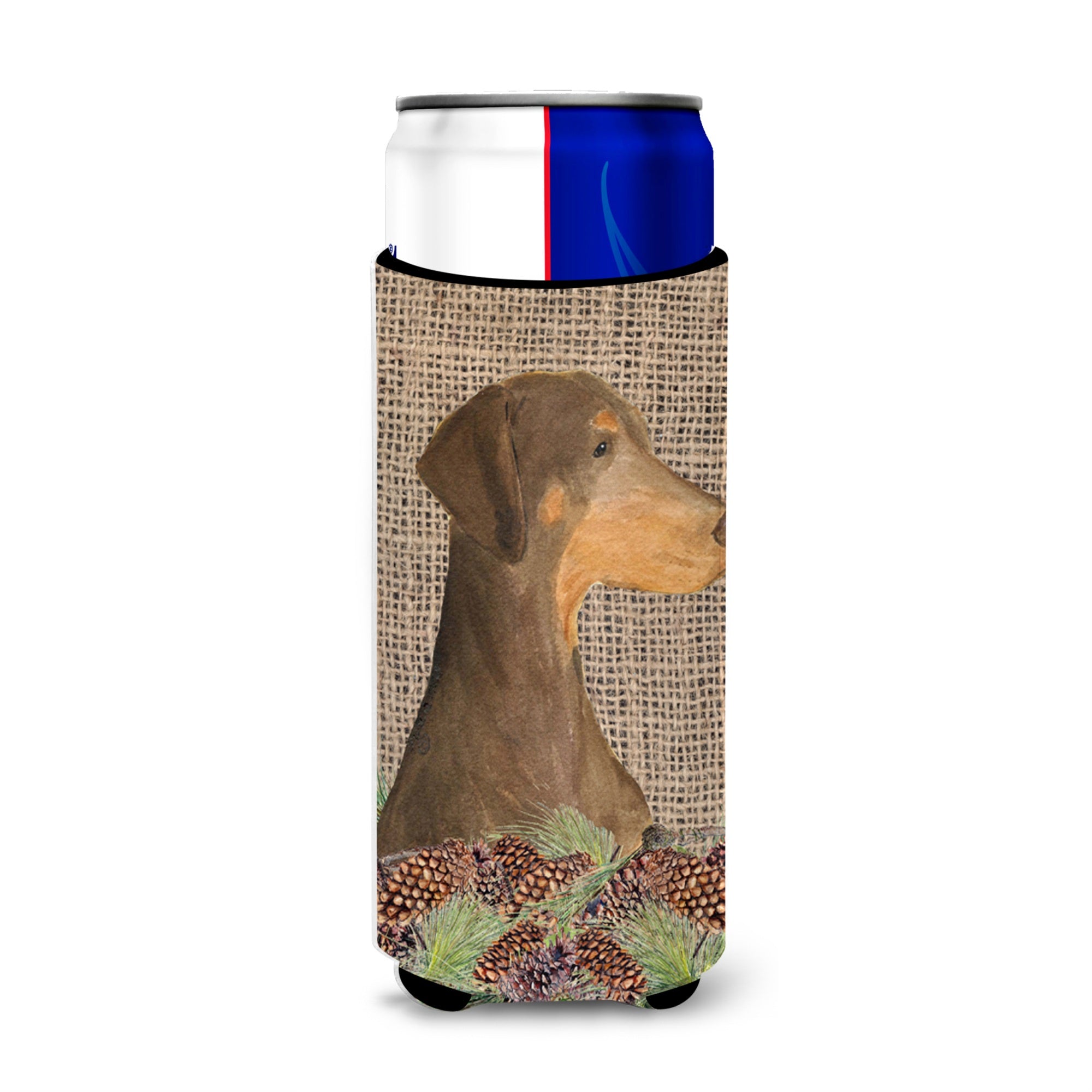 Doberman On Faux Burlap With Pine Cones Ultra Beverage Insulators For Slim Cans Ss4070Muk