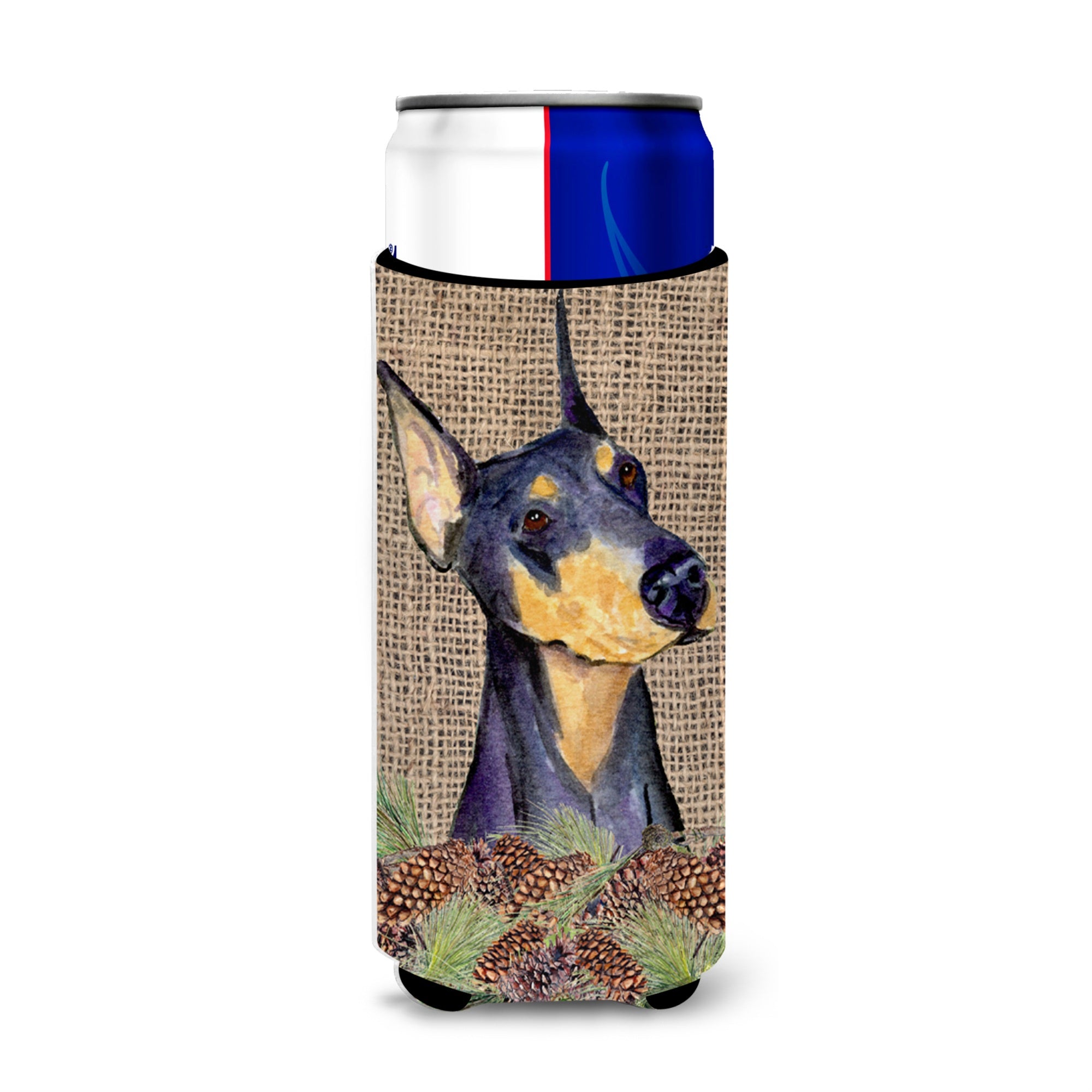 Doberman On Faux Burlap With Pine Cones Ultra Beverage Insulators For Slim Cans Ss4085Muk