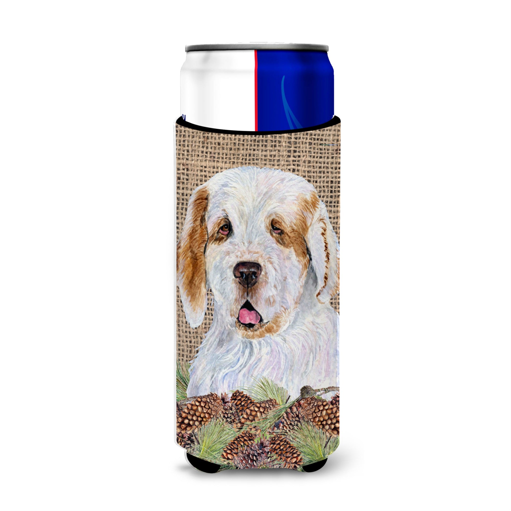 Clumber Spaniel On Faux Burlap With Pine Cones Ultra Beverage Insulators For Slim Cans Ss4089Muk