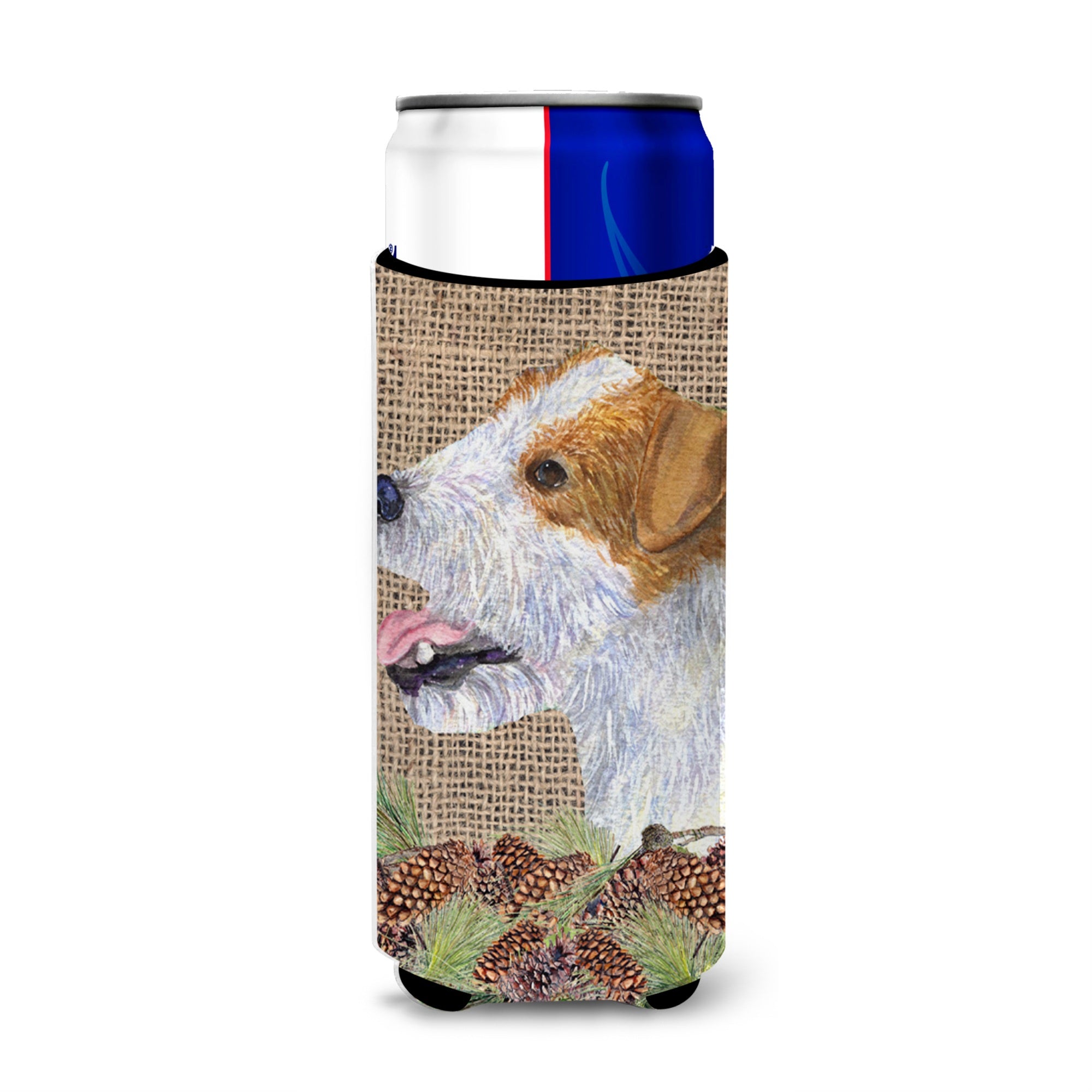 Jack Russell Terrier On Faux Burlap With Pine Cones Ultra Beverage Insulators For Slim Cans Ss4093Muk