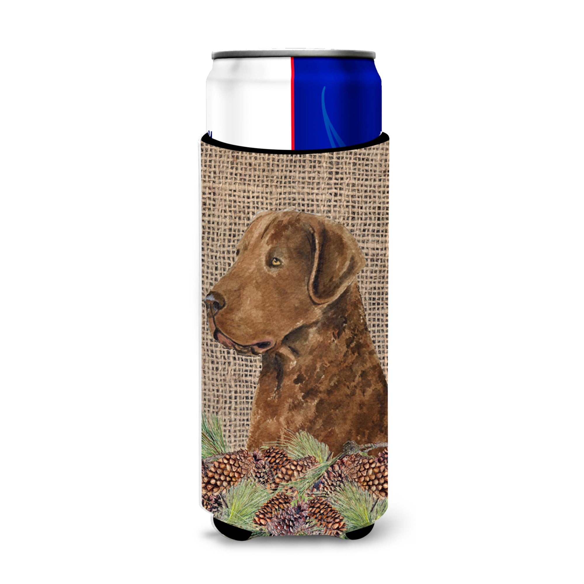 Curly Coated Retriever On Faux Burlap With Pine Cones Ultra Beverage Insulators For Slim Cans Ss4108Muk