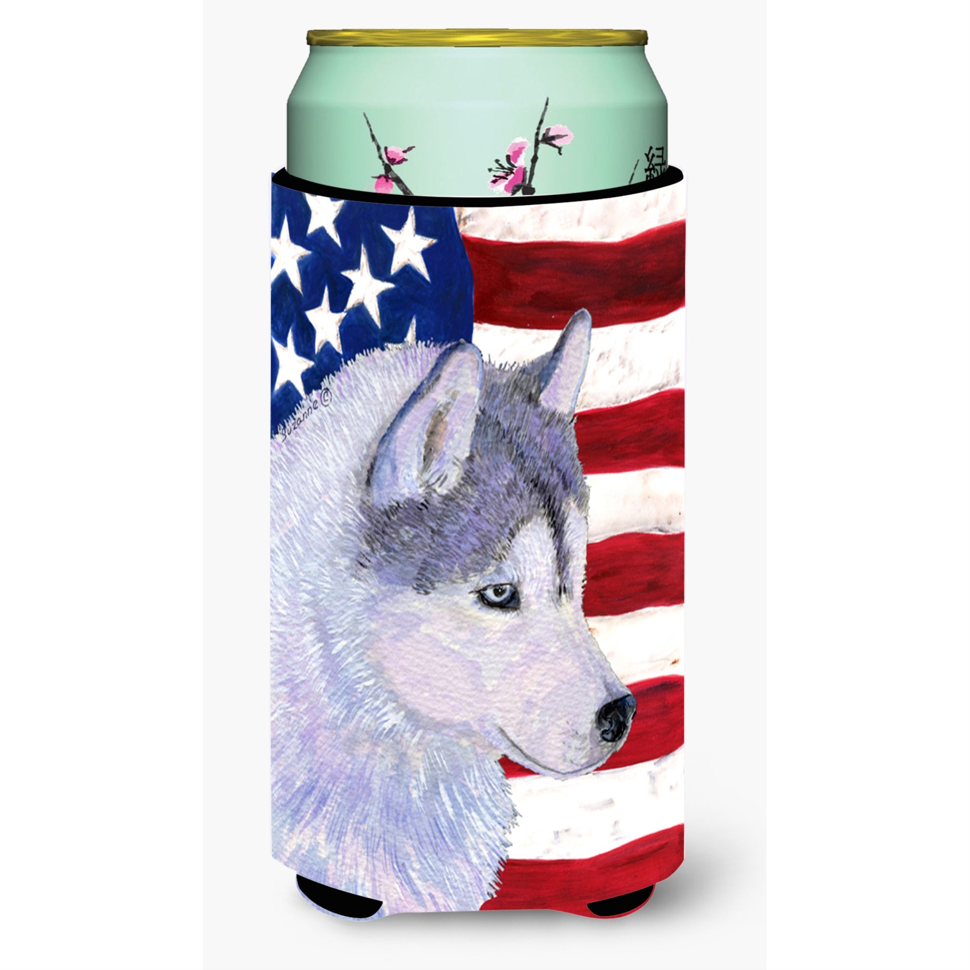 Usa American Flag With Siberian Husky  Tall Boy Beverage Insulator Beverage Insulator Hugger