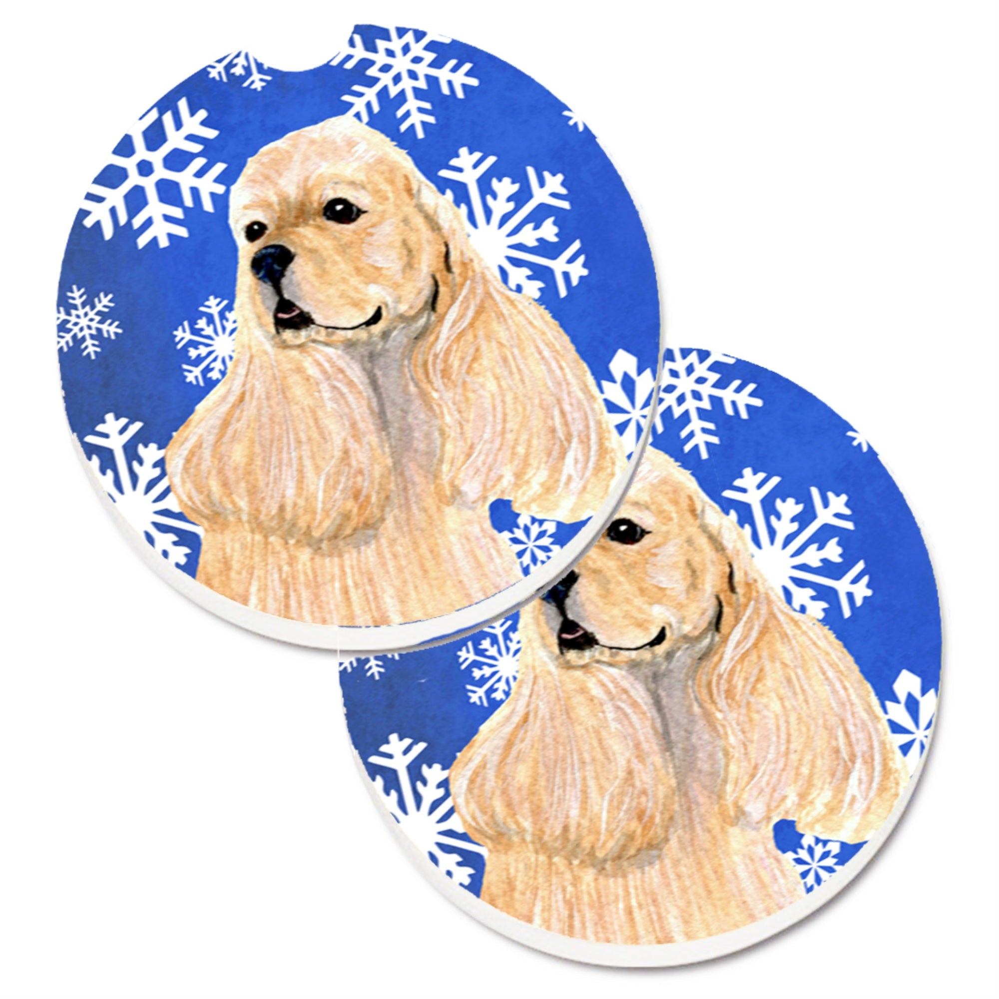 Caroline'S Treasures Cocker Spaniel Winter Snowflakes Holiday Set Of 2 Cup Holder Car Coasters Ss4660Carc, 2.56, Multicolor