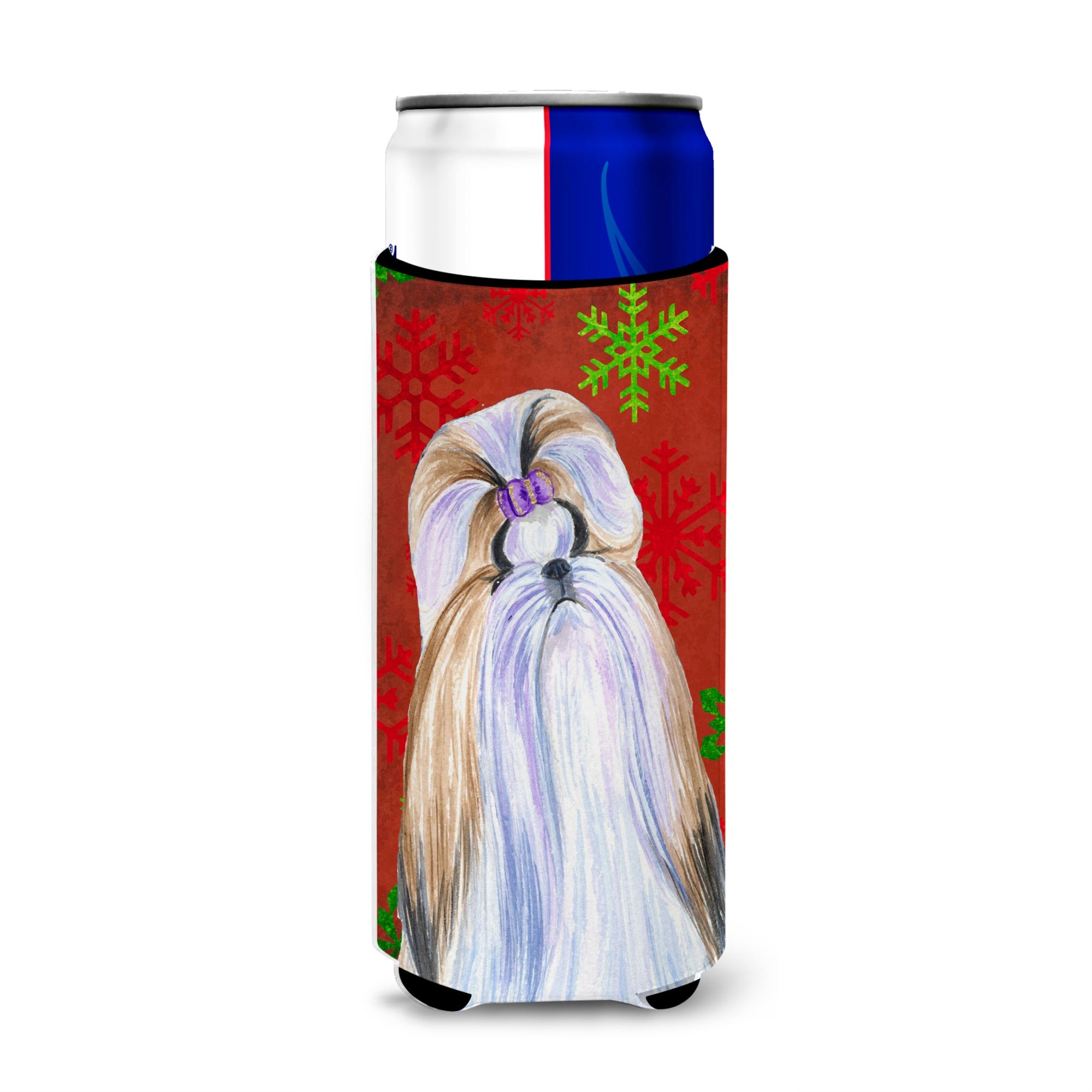 Shih Tzu Red And Green Snowflakes Holiday Christmas Ultra Beverage Insulators For Slim Cans Ss4672Muk