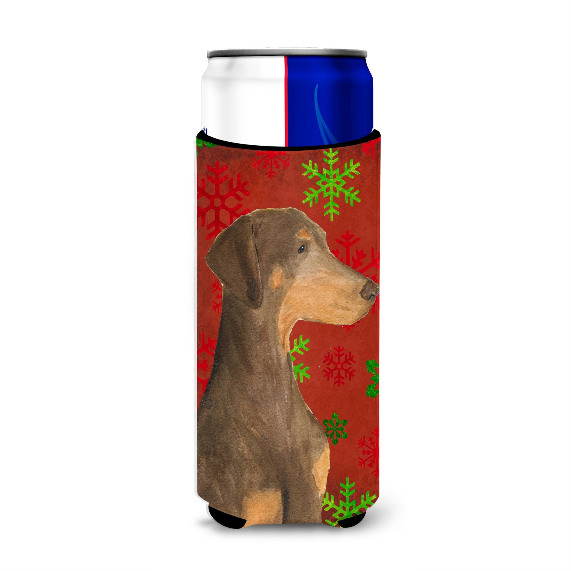 Doberman Red And Green Snowflakes Holiday Christmas Ultra Beverage Insulators For Slim Cans Ss4686Muk