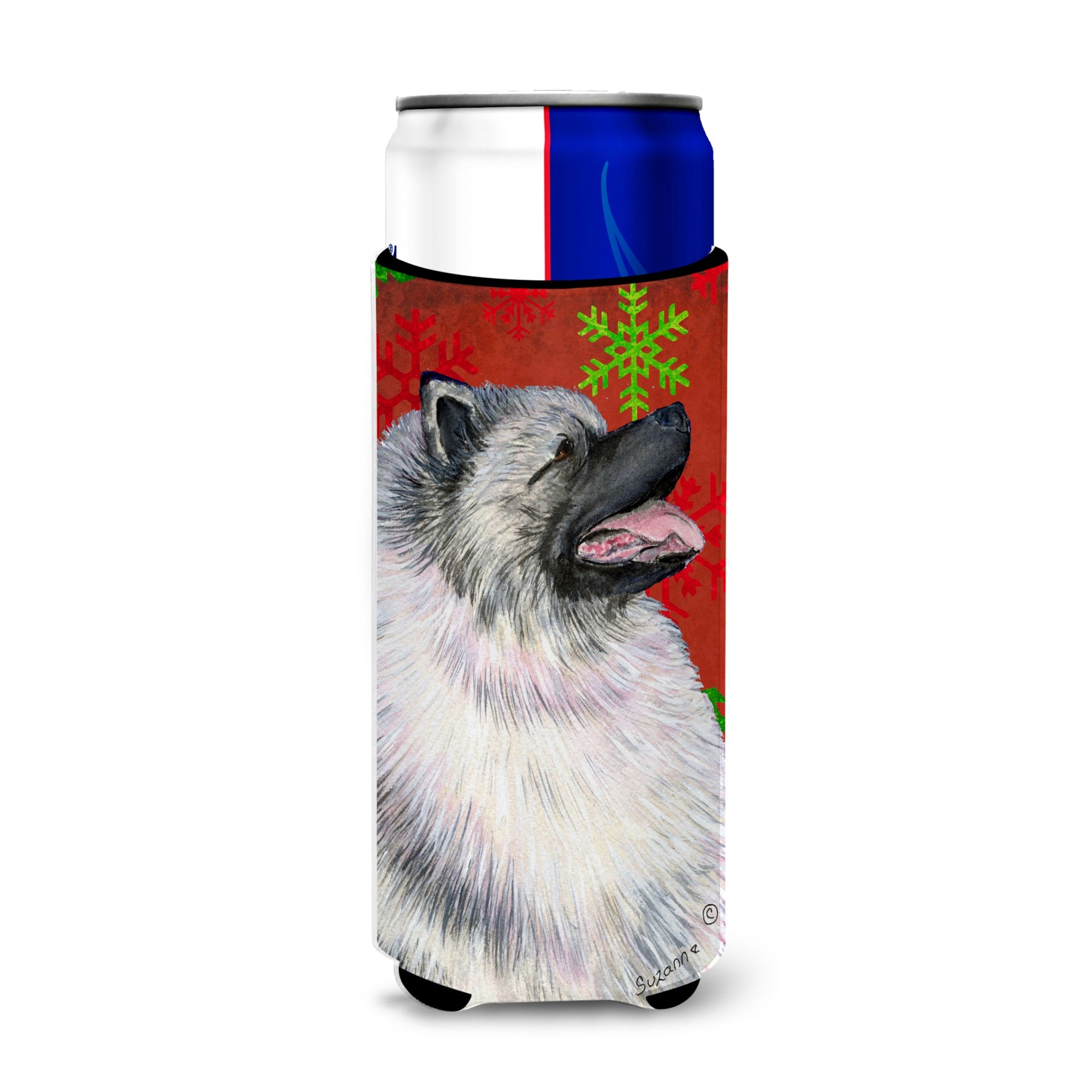 Keeshond Red And Green Snowflakes Holiday Christmas Ultra Beverage Insulators For Slim Cans Ss4695Muk