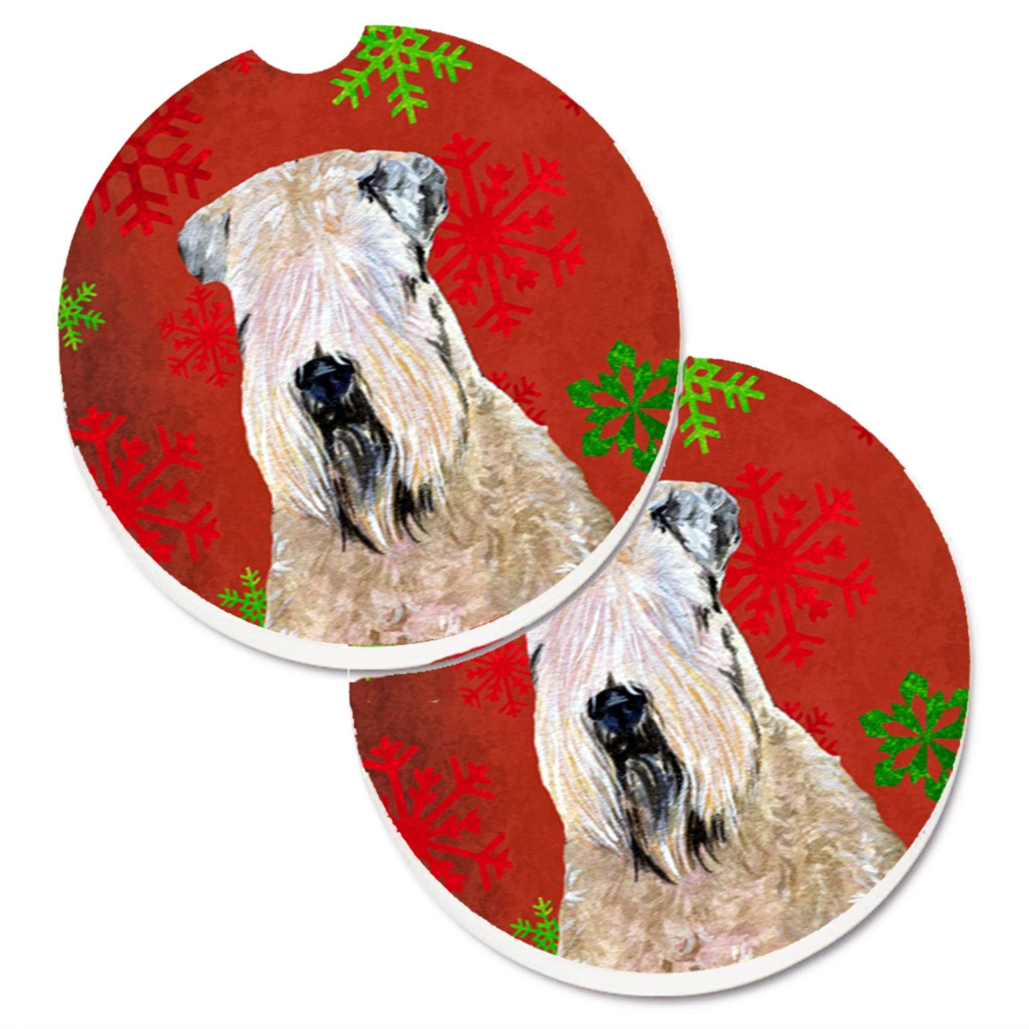 Caroline'S Treasures Wheaten Terrier Soft Coated Red Snowflakes Holiday Christmas Set Of 2 Cup Holder Car Coasters Ss4700Carc,