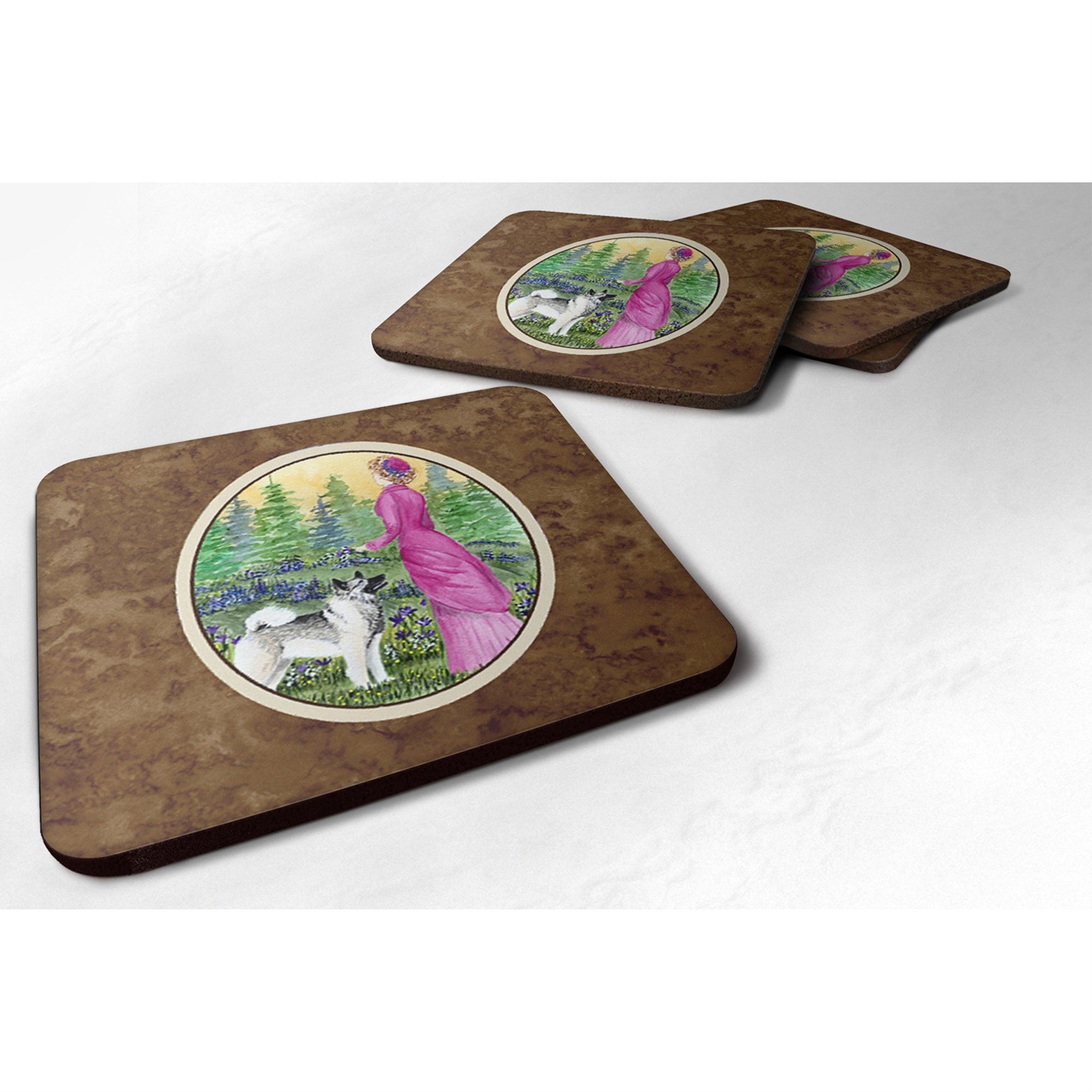 Caroline'S Treasures Ss8154Fc Lady With Her Norwegian Elkhound Foam Coasters (Set Of 4), 3.5 H X 3.5 W, Multicolor