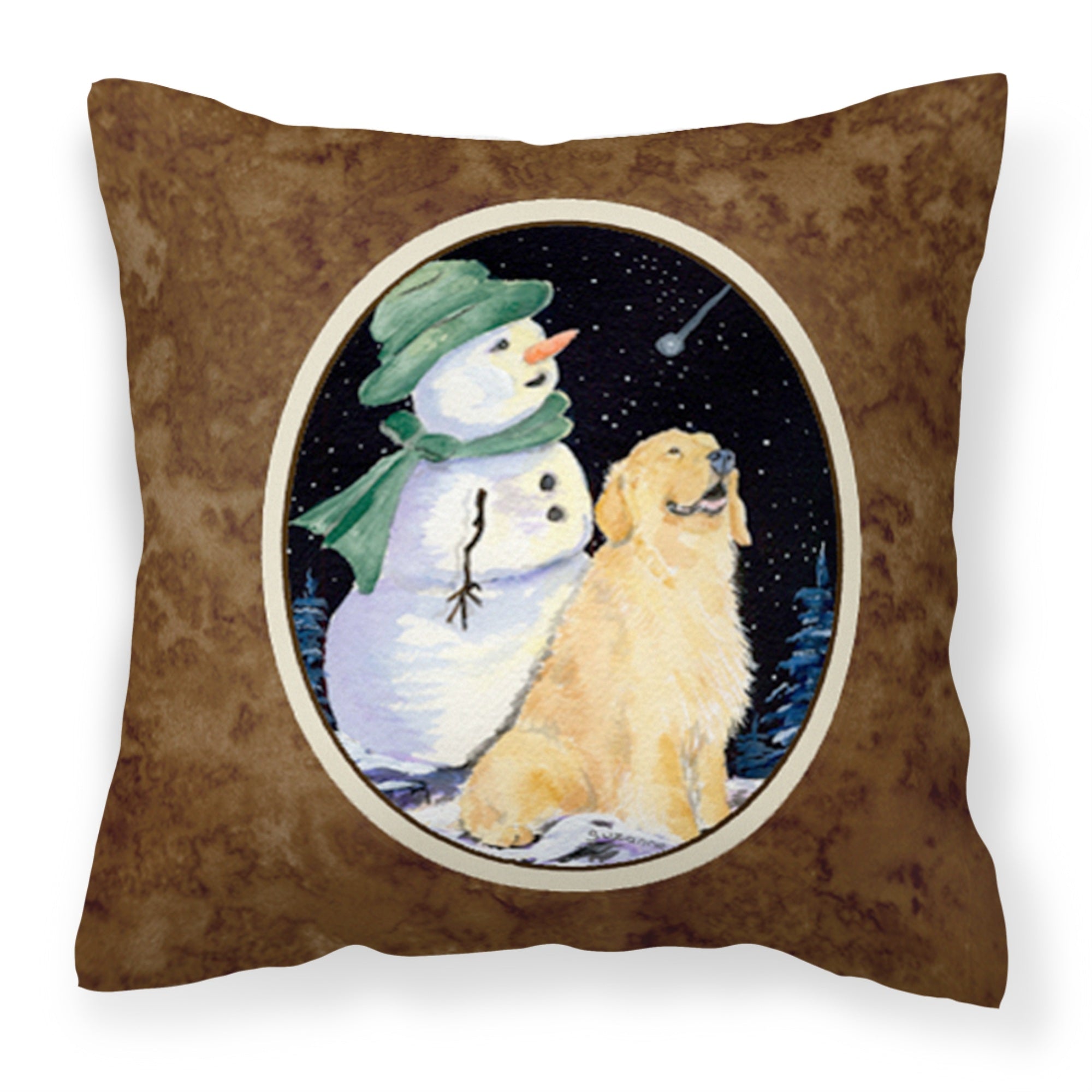 Caroline'S Treasures Ss8577Pw1414 Golden Retriever With Snowman In Green Hat Pillow, Large, Multicolor