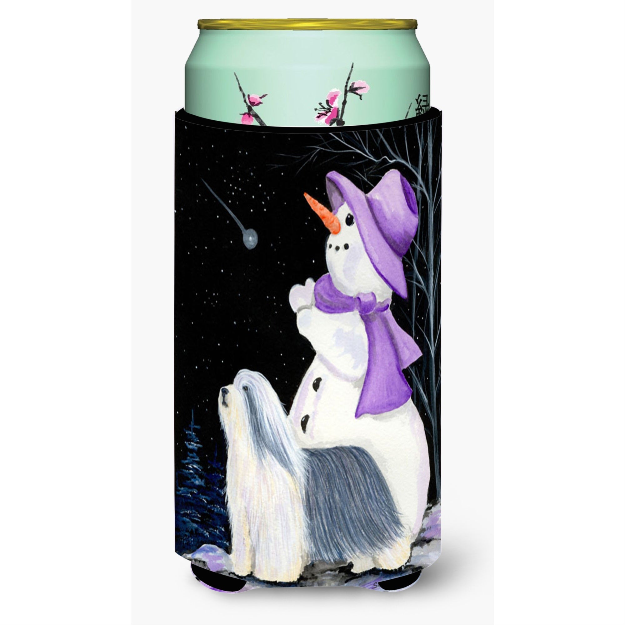 Snowman With Bearded Collie  Tall Boy Beverage Insulator Beverage Insulator Hugger