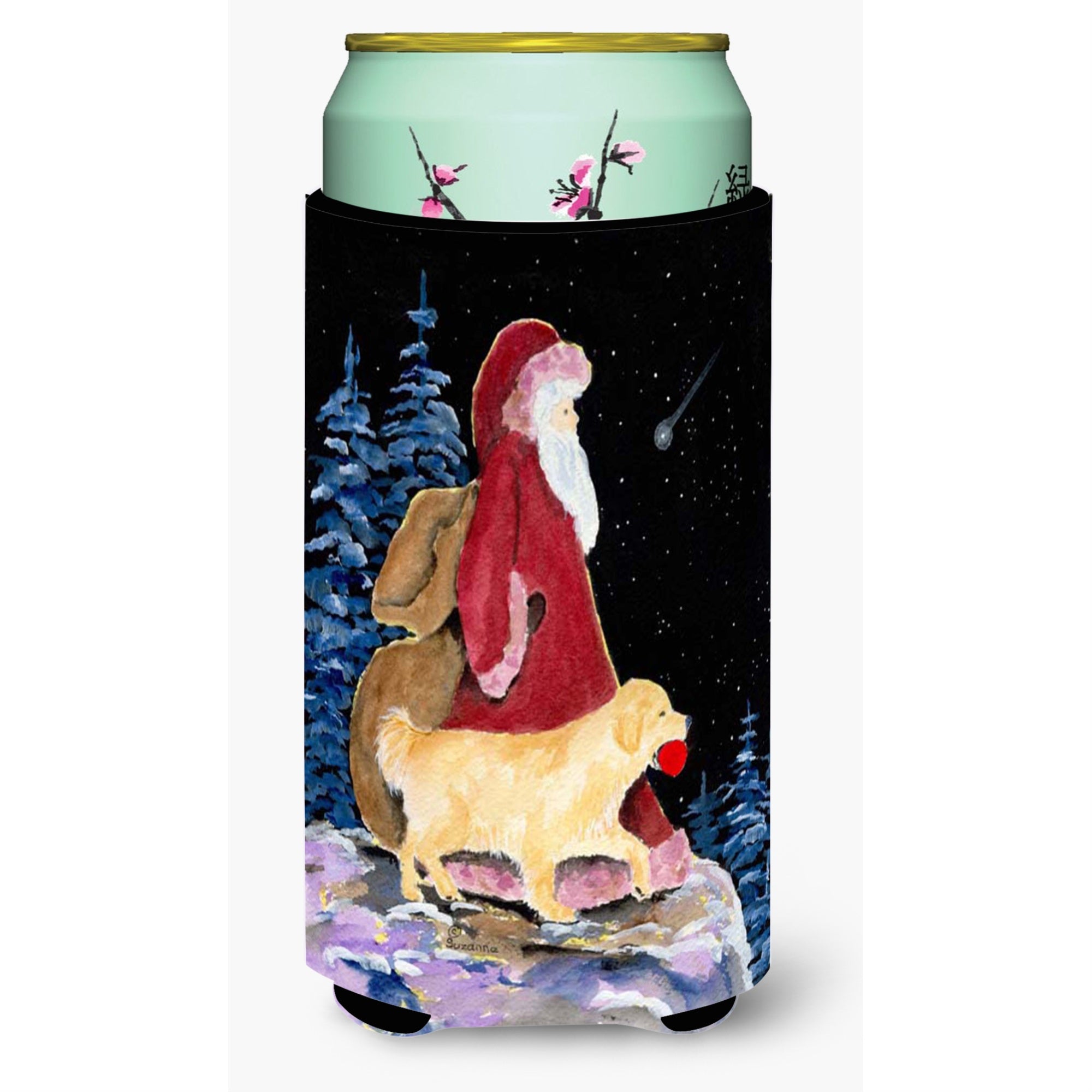 Santa Claus With  Golden Retriever  Tall Boy Beverage Insulator Beverage Insulator Hugger