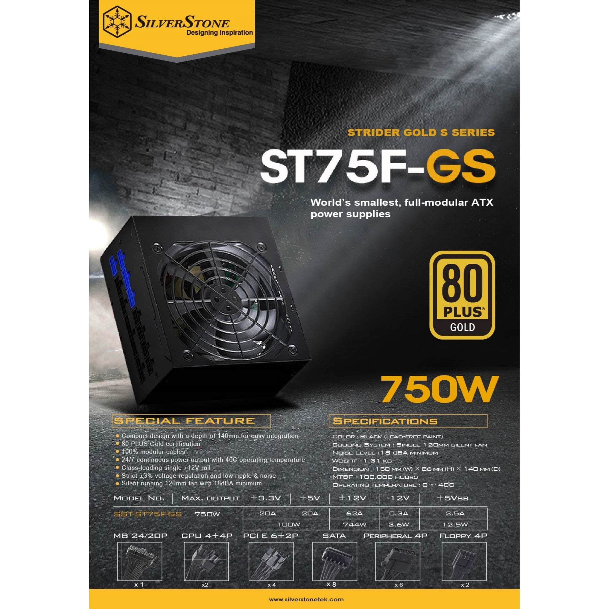750W, Atx, Single +12V Rails With 62A Output, Silent 120Mmfan With 18Dba, Efficiency 80Plus Gold Certification, Fully Modular Cable, 140Mm Depth, 4X8/6Pin Pci-E.