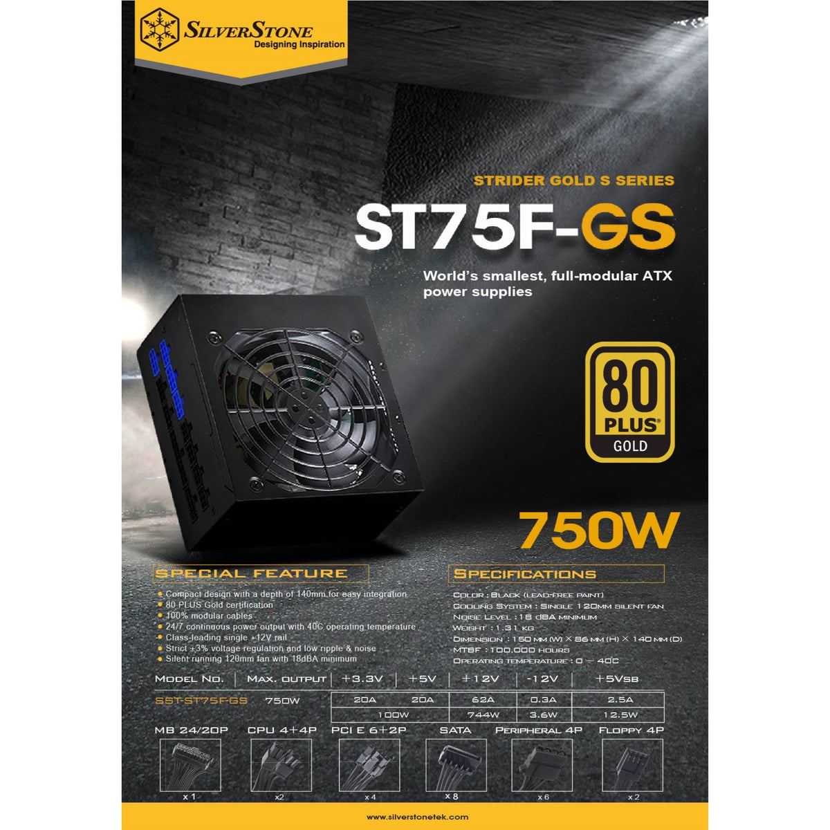 750W, Atx, Single +12V Rails With 62A Output, Silent 120Mmfan With 18Dba, Efficiency 80Plus Gold Certification, Fully Modular Cable, 140Mm Depth, 4X8/6Pin Pci-E.