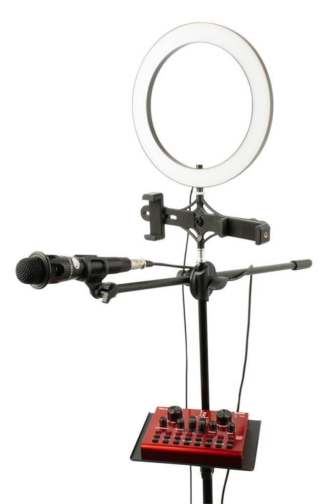 USB audio interface, condenser microphone, boom stand, and LED light package for content creators