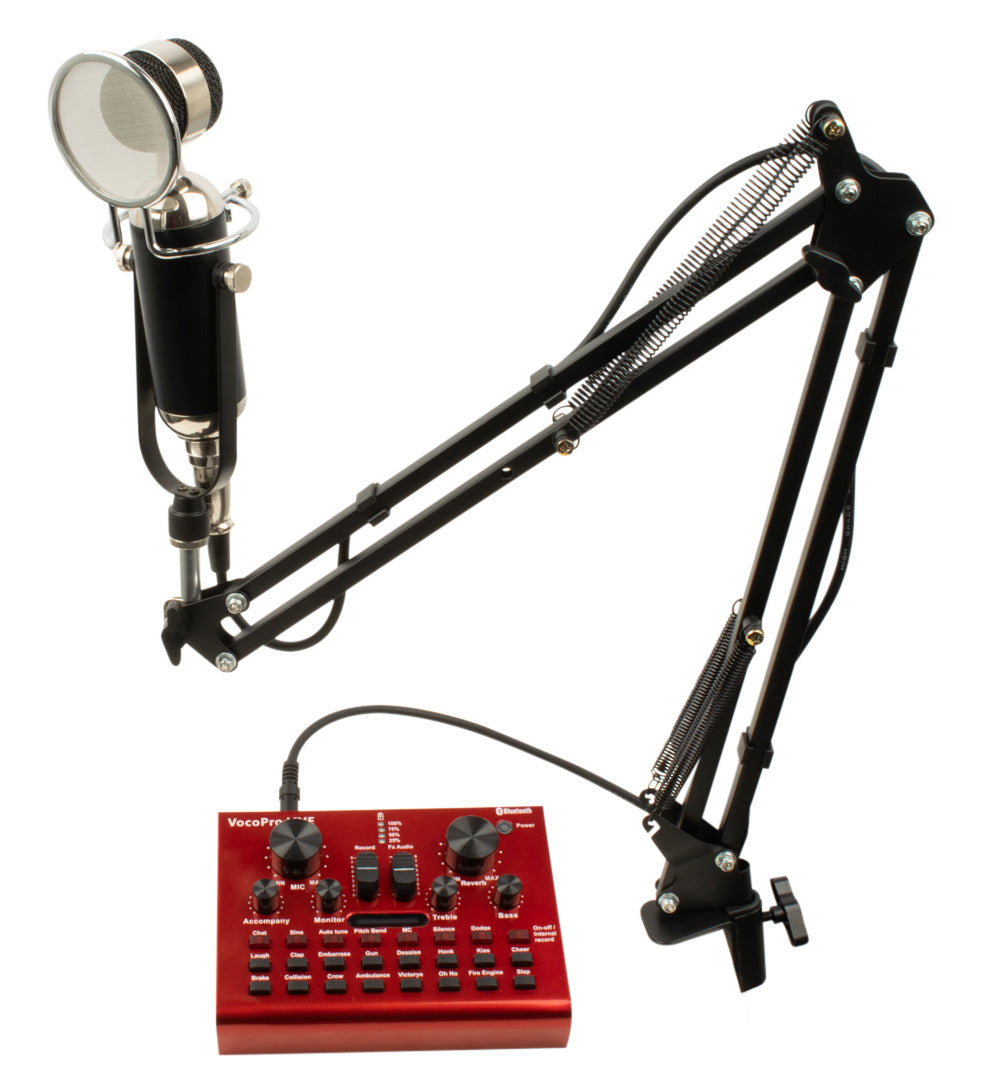 USB audio interface, studio condenser microphone, and tabletop boom stand package for content creators