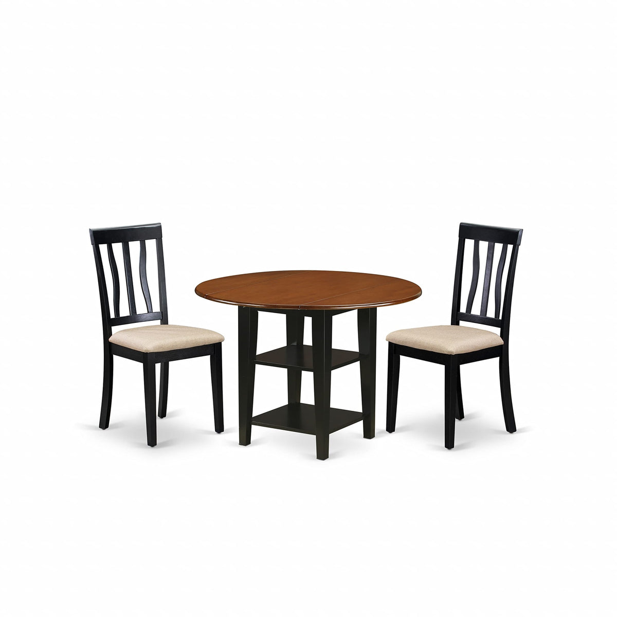 East West Furniture Suan3-Bch-C 3 Piece Dining Room Table Set Contains A Round Kitchen Table With Dropleaf & Shelves And 2 Linen Fabric Upholstered Chairs, 42X42 Inch, Black & Cherry