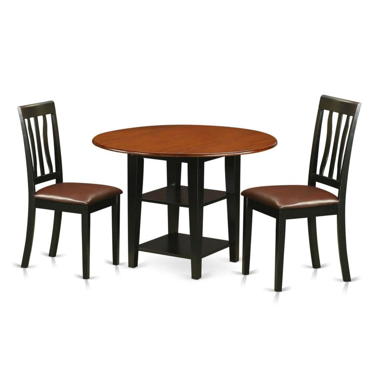 East West Furniture Suan3-Bch-Lc 3 Piece Dining Room Furniture Set Contains A Round Dining Table With Dropleaf & Shelves And 2 Faux Leather Upholstered Chairs, 42X42 Inch, Black & Cherry