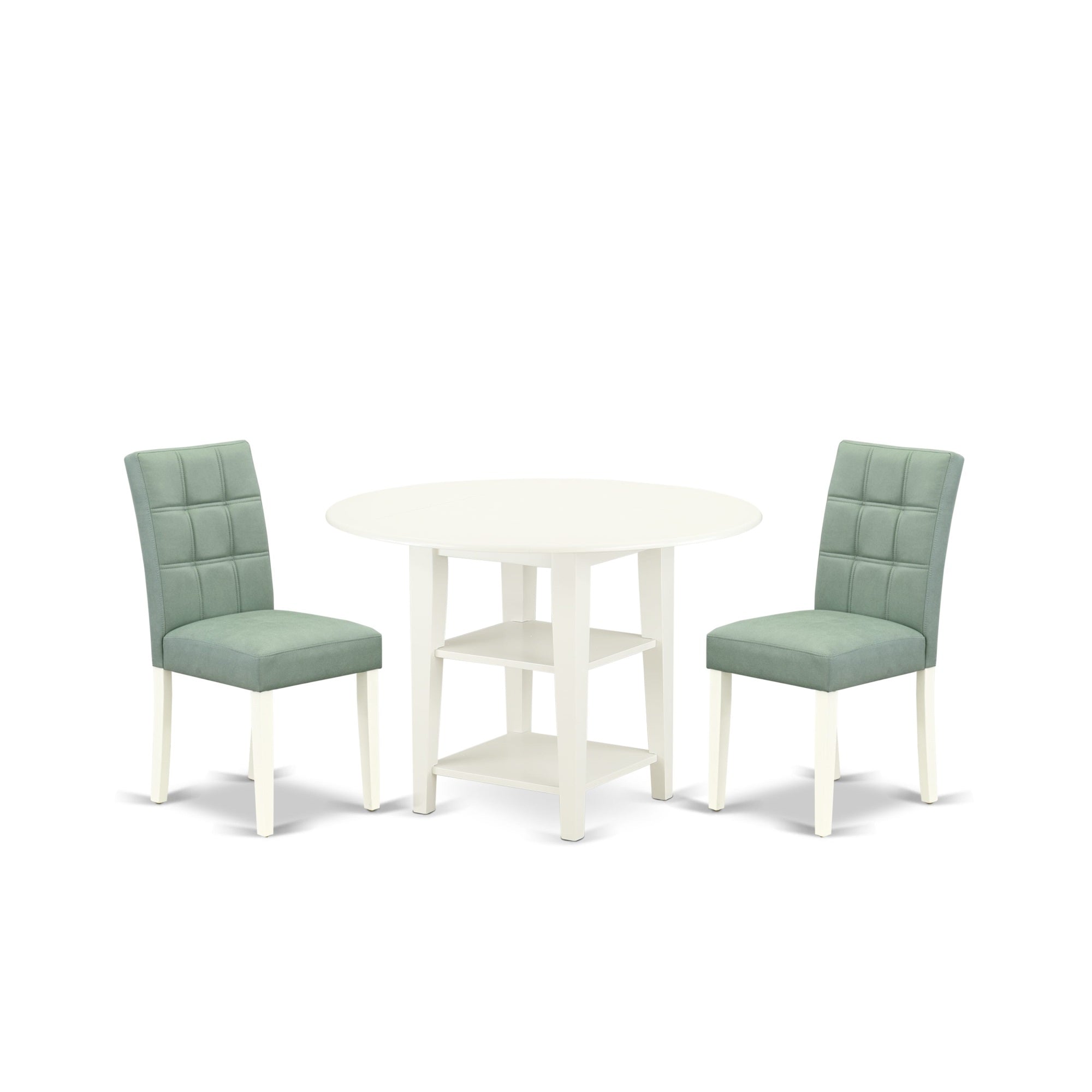 East West Furniture Suas3-Lwh-43 3 Piece Dining Room Table Set Consists A Wood Dining Table And 2 Willow Green Faux Leather Mid Century Modern Dining Chairs, Linen White