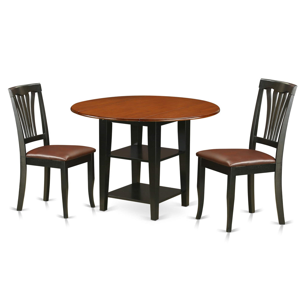 East West Furniture Suav3-Bch-Lc 3 Piece Sudbury Set With One Round Table And Two Dinette Chairs With Faux Leather Seat In A Beautiful Black And Cherry Finish