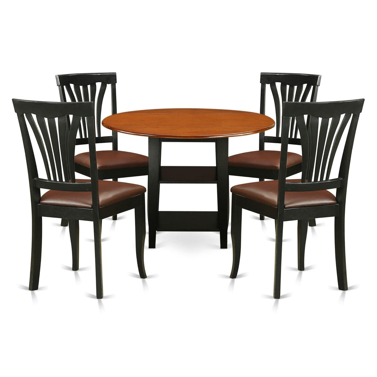 Casafoyer Suav5-Bch-Lc 5 Piece Dining Table Set For 4 Includes A Round Kitchen Table With Dropleaf & Shelves And 4 Faux Leather Dining Room Chairs, 42X42 Inch, Black & Cherry