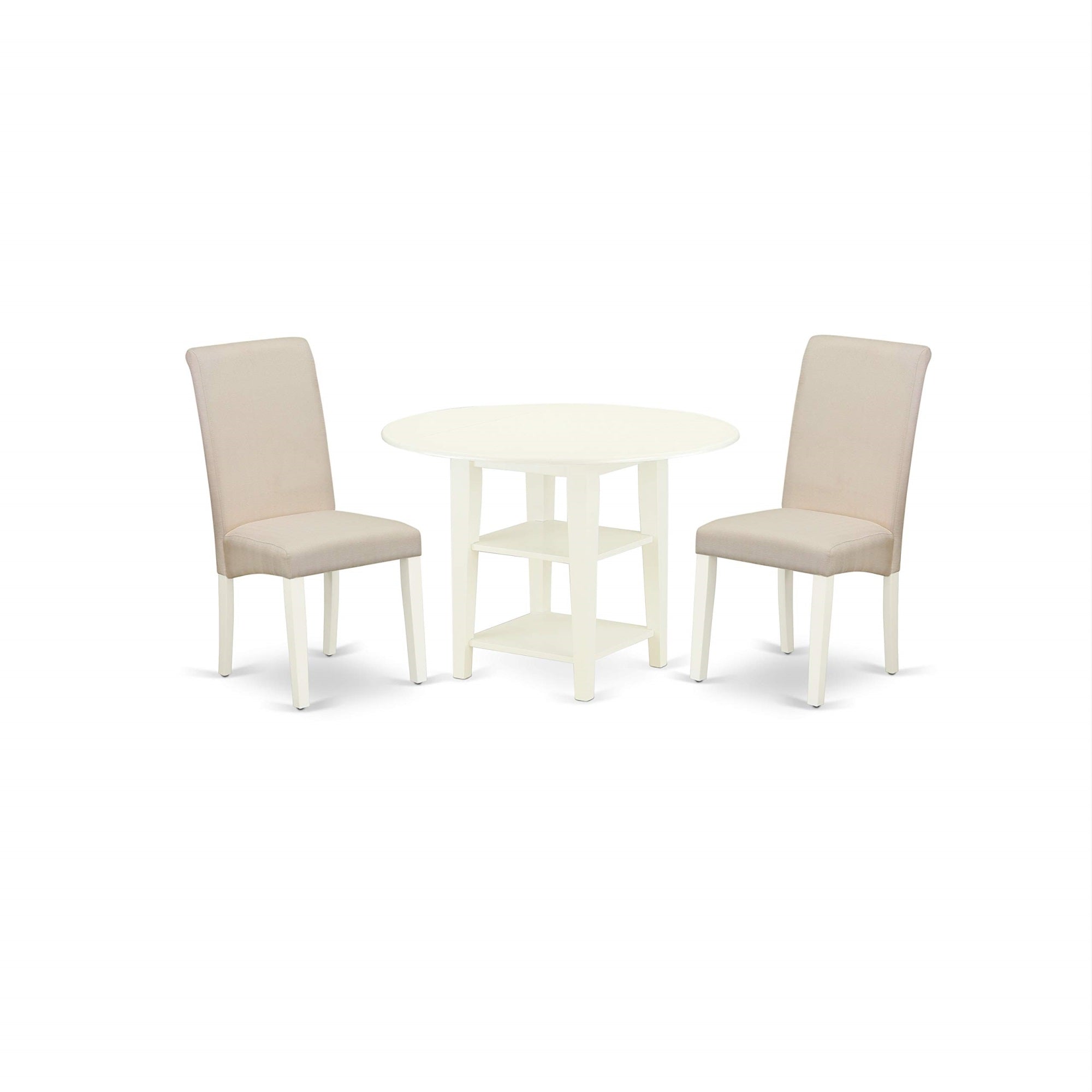 East West Furniture Suba3-Lwh-01 3Pc Dinette Set Includes A Round Dining Table With Drop Leaves And Two Parson Chairs With Cream Fabric, Linen (White) Finish, 3-Piece