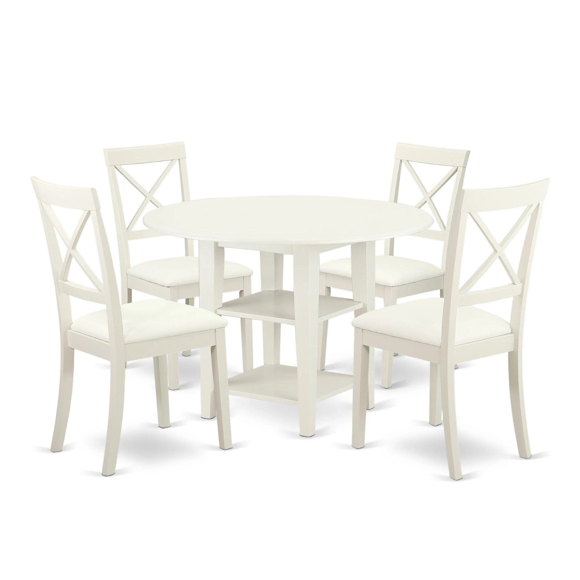 Casafoyer Subo5-Lwh-Lc 5 Piece Dining Set Includes A Round Dining Table With Dropleaf & Shelves And 4 Faux Leather Kitchen Room Chairs, 42X42 Inch, Linen White