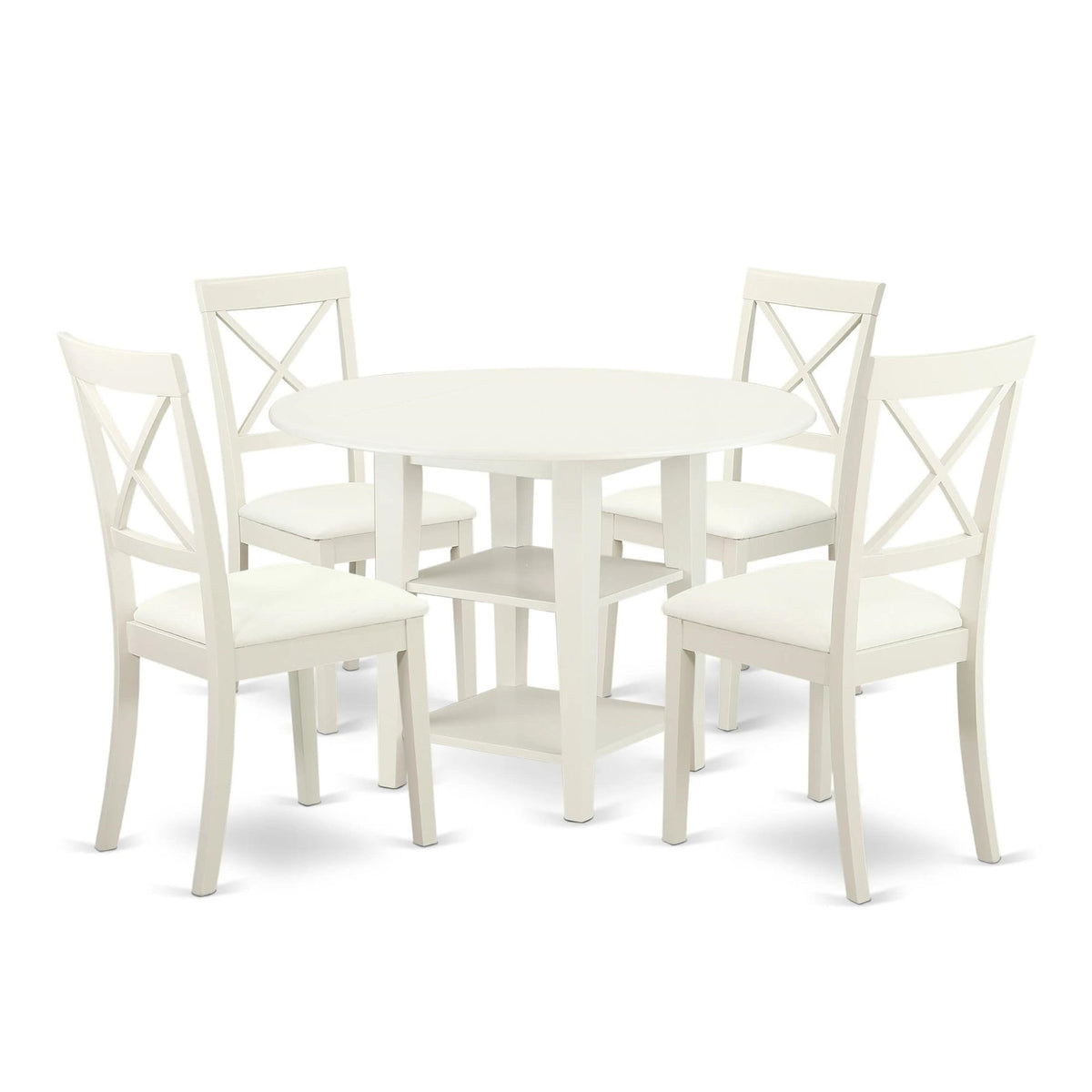Casafoyer Subo5-Lwh-Lc 5 Piece Dining Set Includes A Round Dining Table With Dropleaf & Shelves And 4 Faux Leather Kitchen Room Chairs, 42X42 Inch, Linen White
