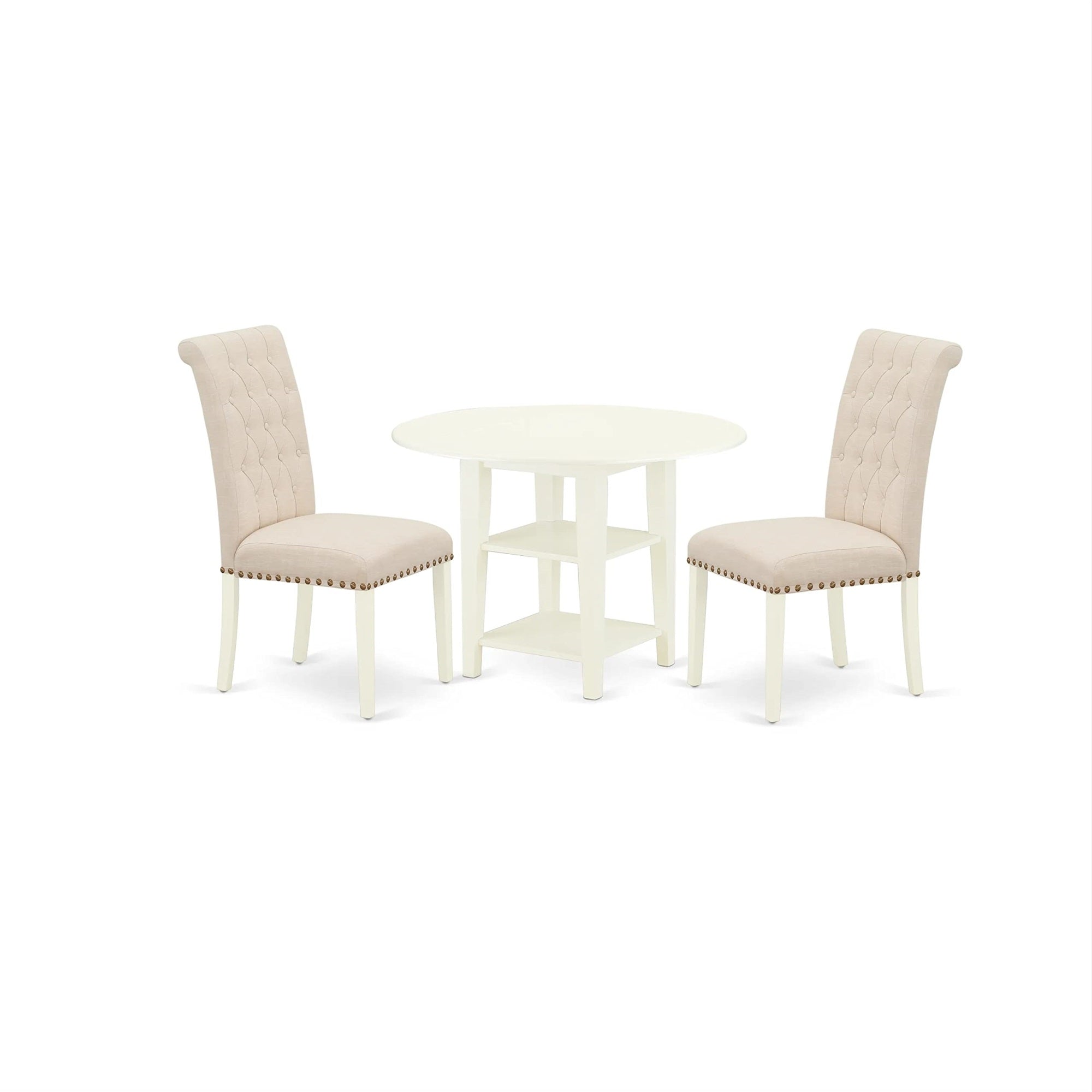 East West Furniture Subr3-Lwh-02 3 Piece Dining Set Contains A Round Dining Room Table With Dropleaf & Shelves And 2 Light Beige Linen Fabric Upholstered Chairs, 42X42 Inch, Linen White