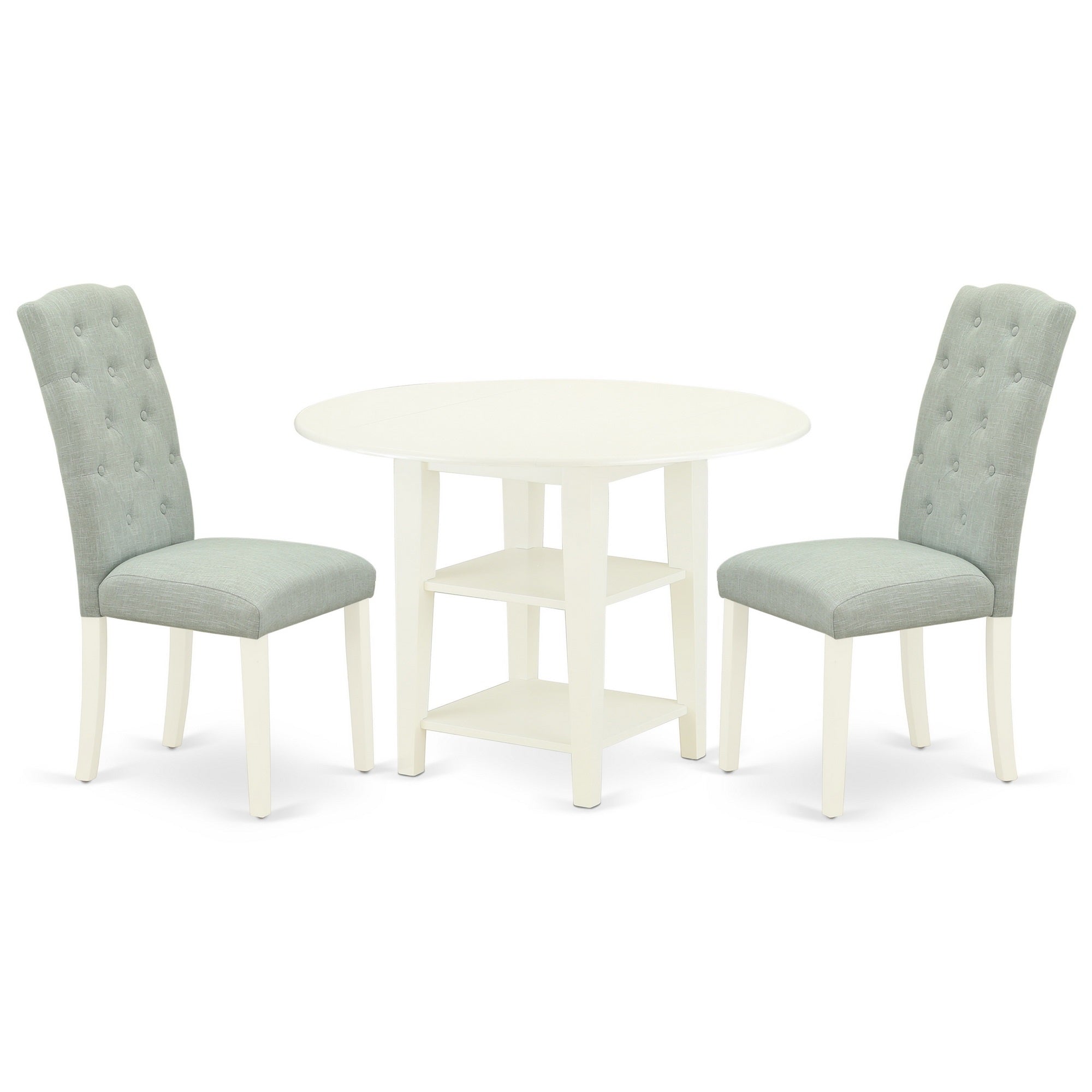 Suce3-Lwh-15 3Pc Dinette Set Includes A Round Dining Table With Drop Leaves And Two Parson Chairs With Baby Blue Fabric, Linen White Finish