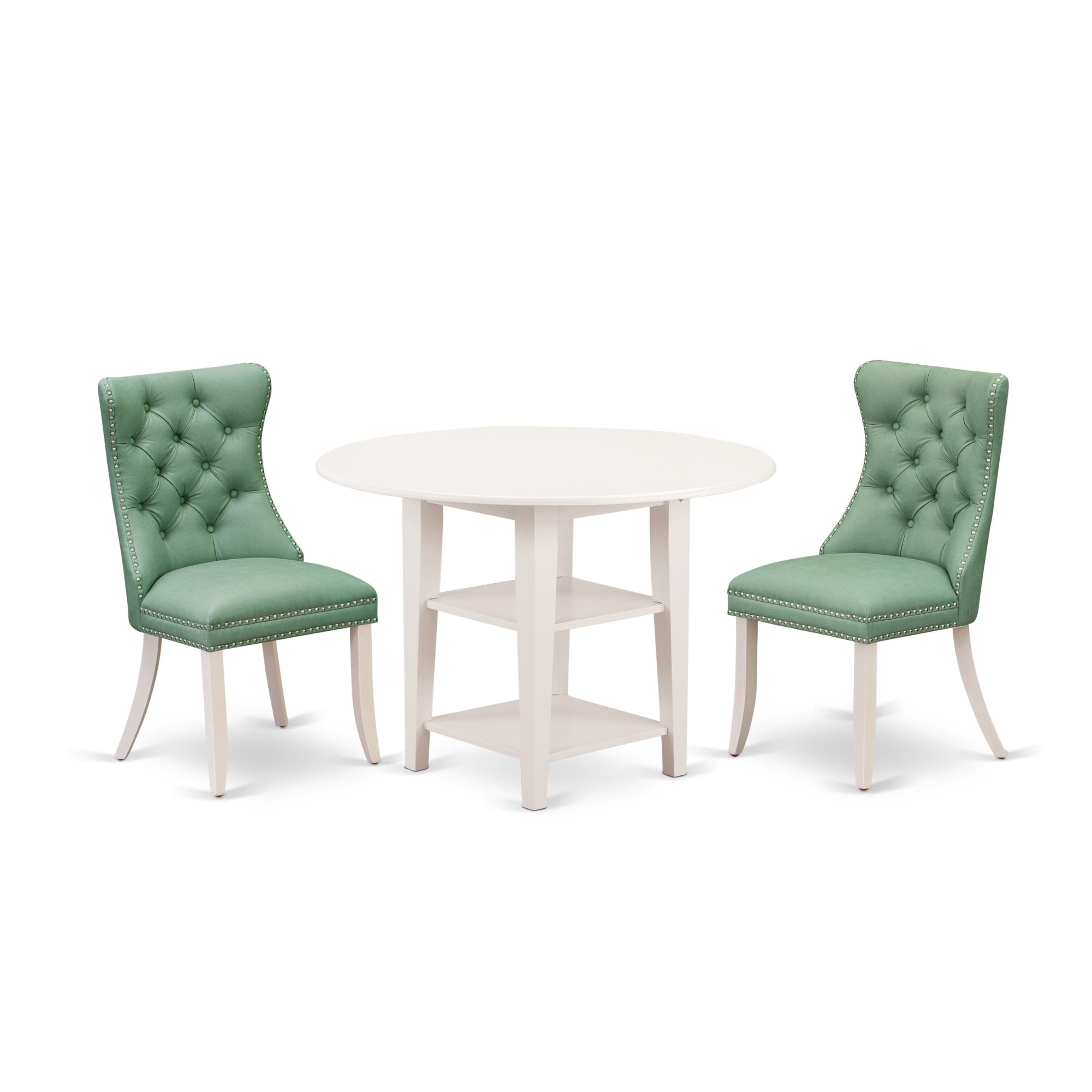 East West Furniture Suda3-Lwh-22 3 Piece Dinette Set For Small Spacesincludes A Round Dining Table With Dropleaf & Shelves And 2 Upholstered Chairs, 42X42 Inch, Linen White