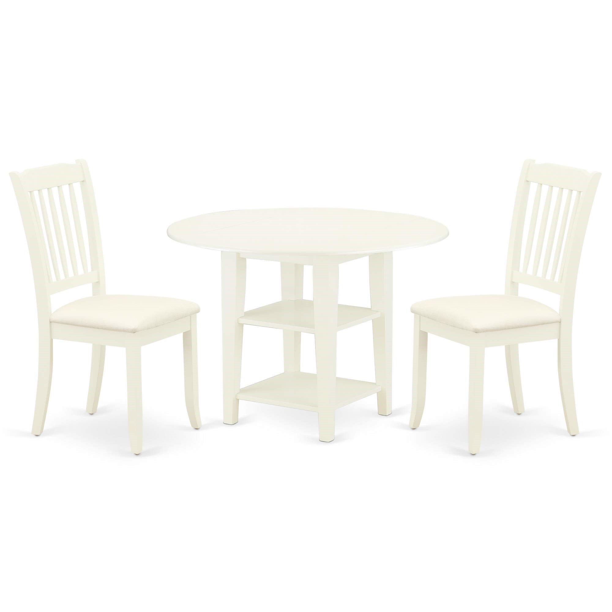 East West Furniture Suda3-Lwh-C 3 Piece Dining Table Set Contains A Round Dining Room Table With Dropleaf & Shelves And 2 Linen Fabric Upholstered Chairs, 42X42 Inch, Linen White
