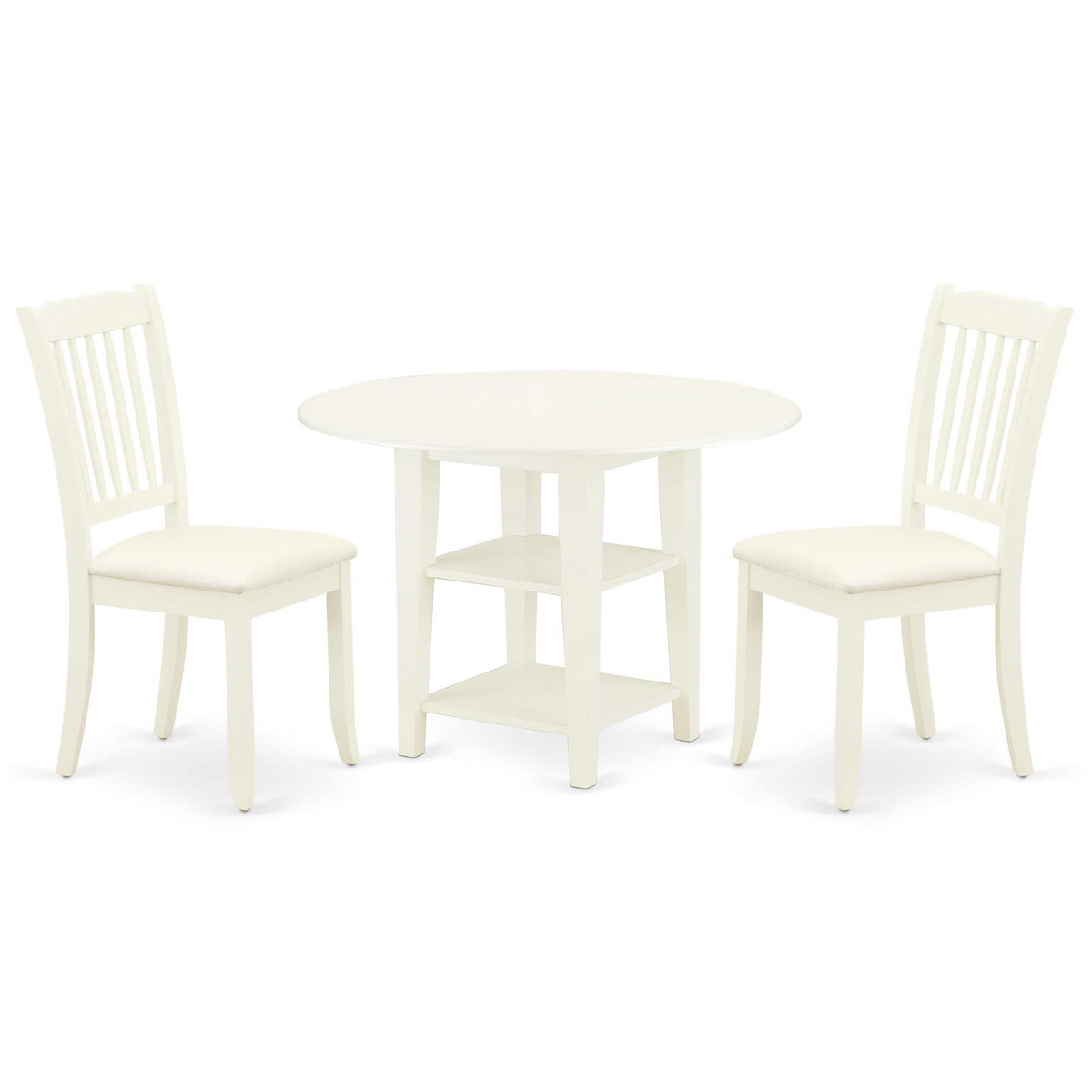 East West Furniture Suda3-Lwh-C 3 Piece Dining Table Set Contains A Round Dining Room Table With Dropleaf & Shelves And 2 Linen Fabric Upholstered Chairs, 42X42 Inch, Linen White