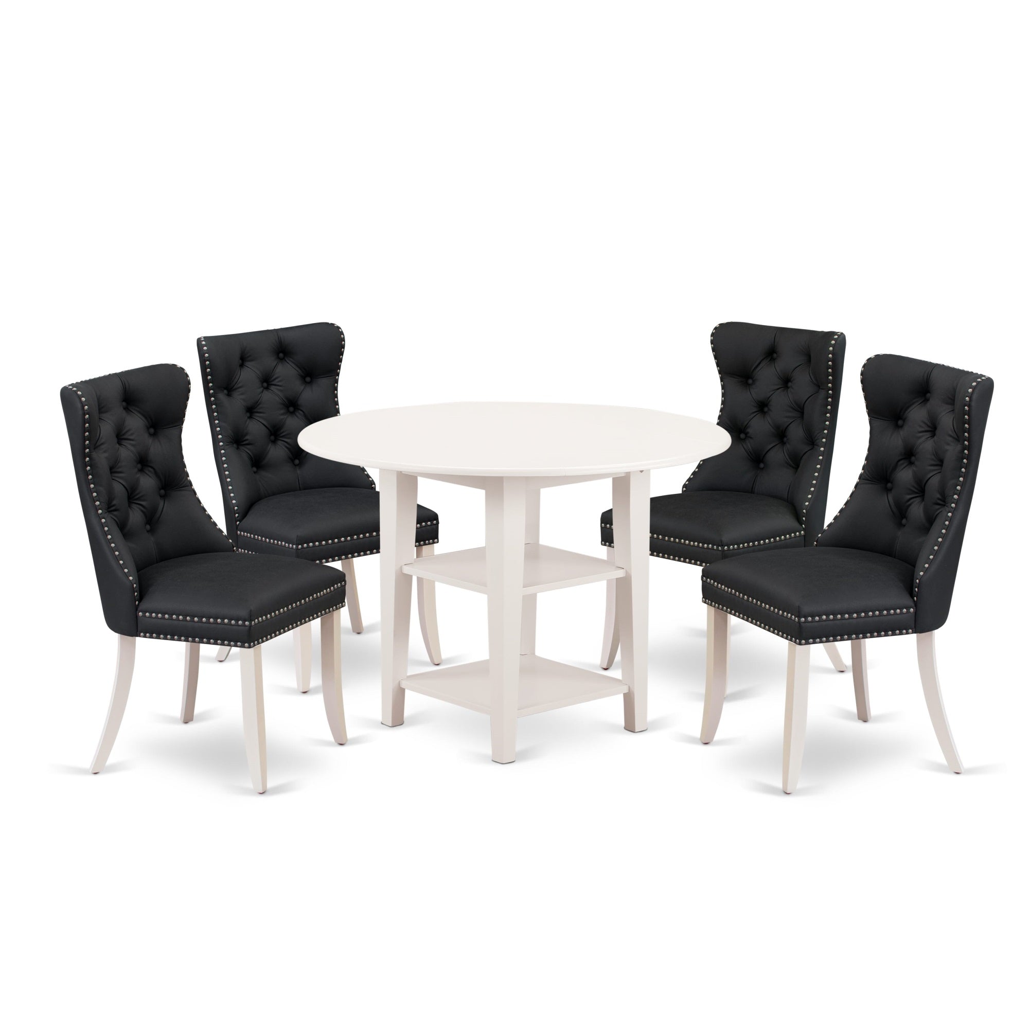 East West Furniture Suda5-Lwh-12 5 Piece Dining Table Set Includes A Round Kitchen Table With Dropleaf & Shelves And 4 Upholstered Parson Chairs, 42X42 Inch, Linen White
